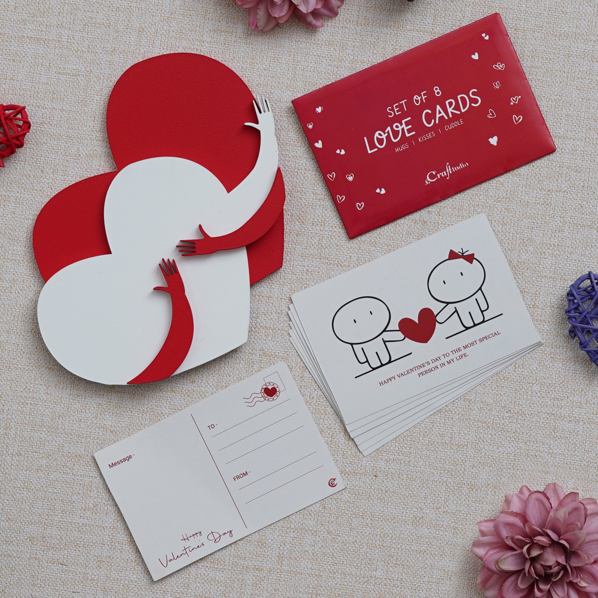 Valentine Combo of Pack of 8 Love Gift Cards, Red and White Heart Hugging Each Other Gift Set