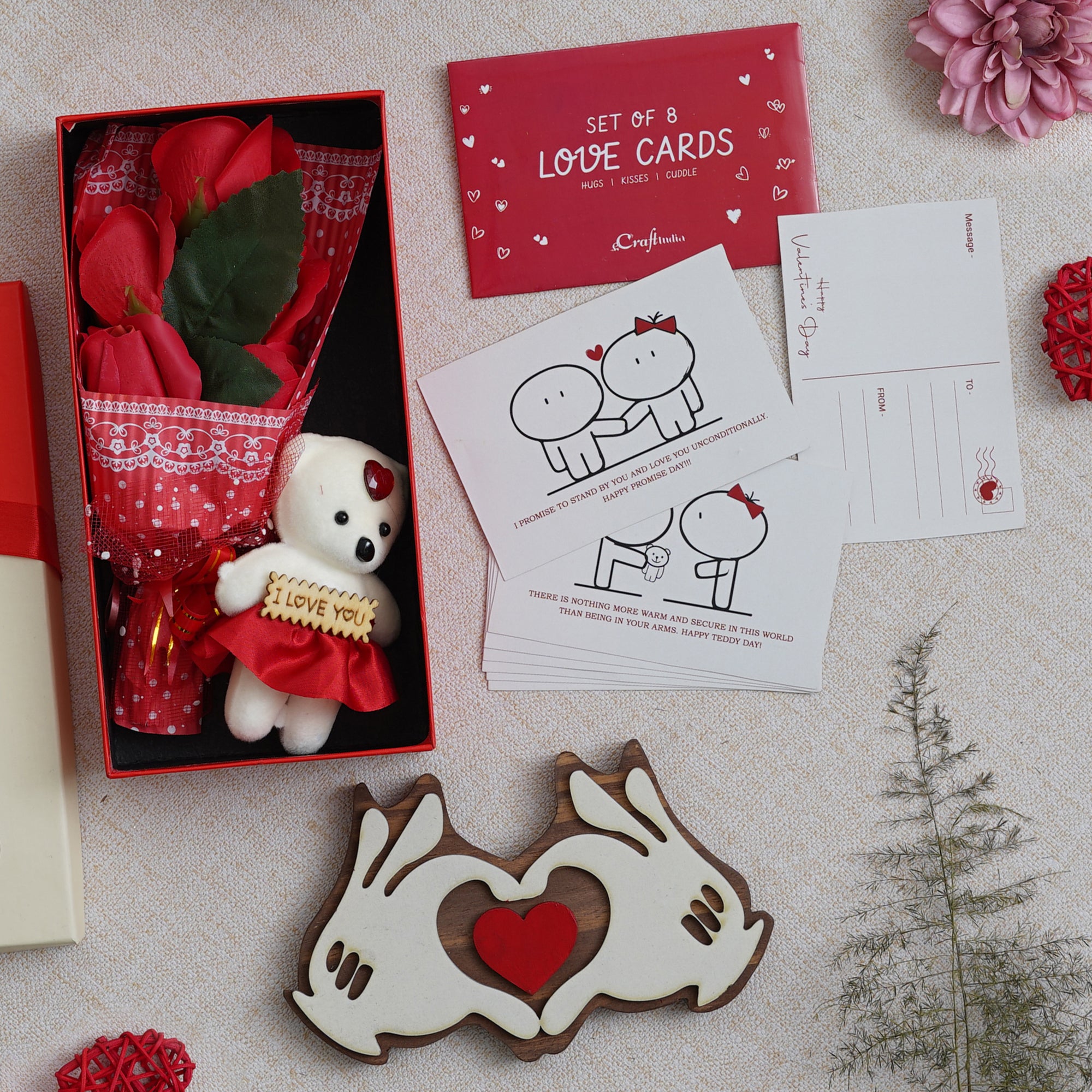 Valentine Combo of Pack of 8 Love Gift Cards, Hands Showcasing Red Heart Gift Set, Red Roses Bouquet and White, Red Teddy Bear Valentine's Rectangle Shaped Gift Box