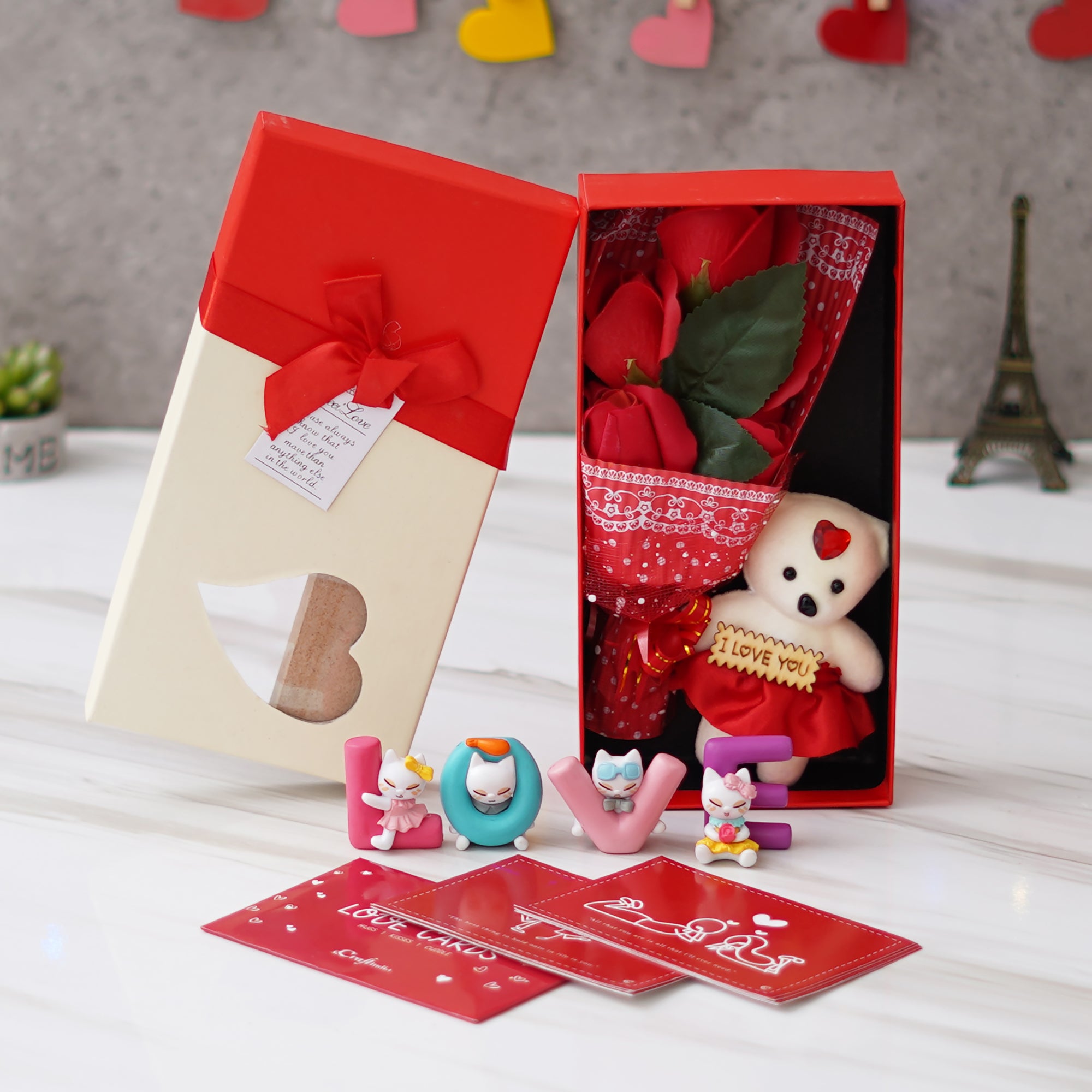Valentine Combo of Pack of 8 Love Gift Cards, "Love" Animated Characters Showpiece, Red Roses Bouquet and White, Red Teddy Bear Valentine's Rectangle Shaped Gift Box