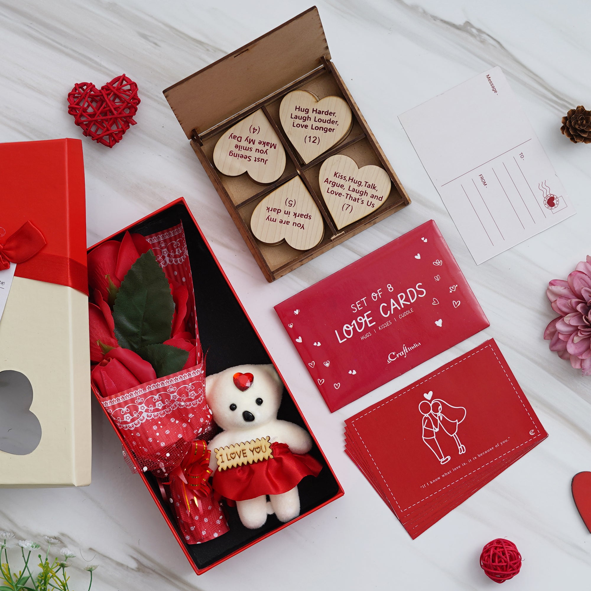Valentine Combo of Pack of 8 Love Gift Cards, "20 Reasons Why I Love You" Printed on Little Hearts Wooden Gift Set, Red Roses Bouquet and White, Red Teddy Bear Valentine's Rectangle Shaped Gift Box