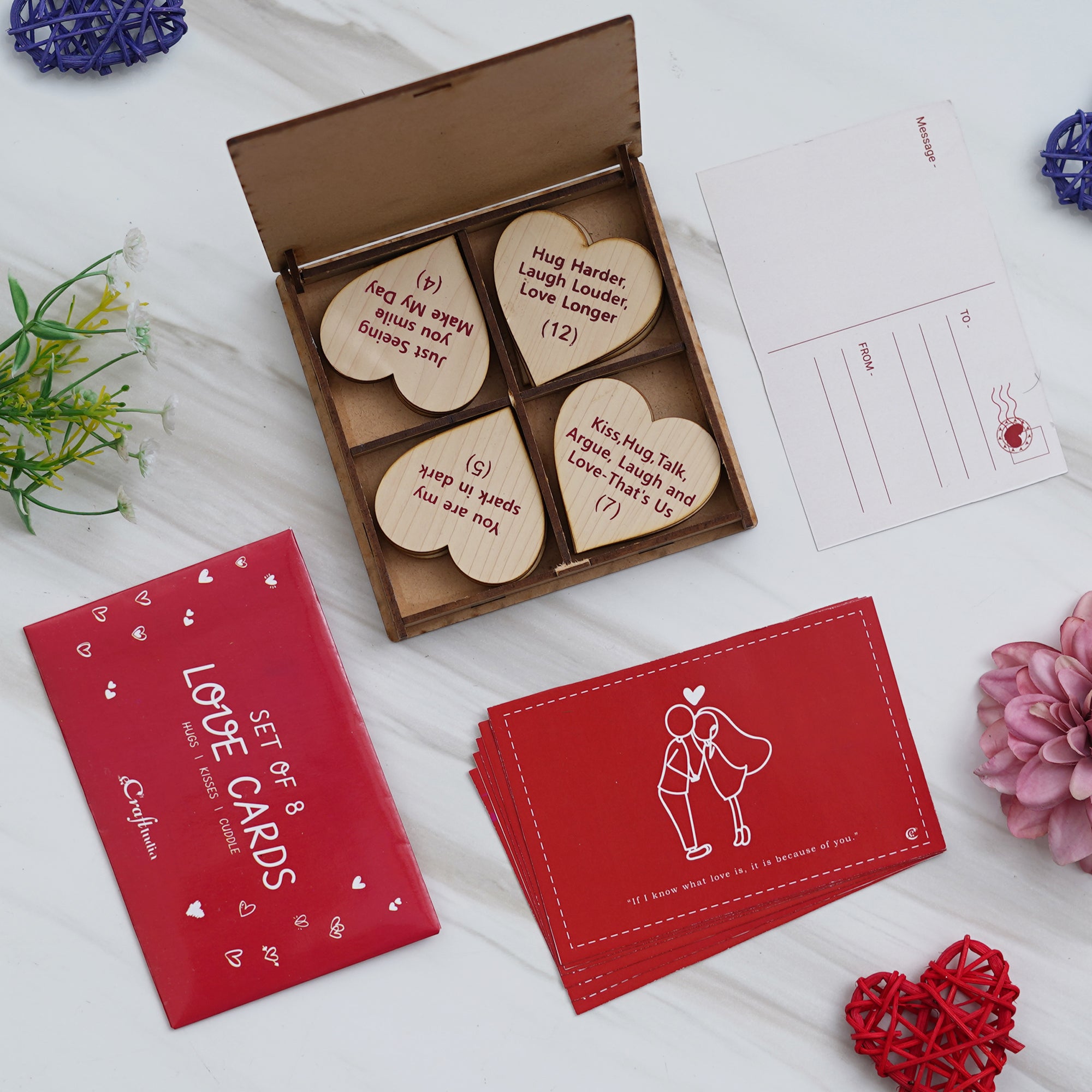 Valentine Combo of Pack of 8 Love Gift Cards, "20 Reasons Why I Love You" Printed on Little Hearts Wooden Gift Set