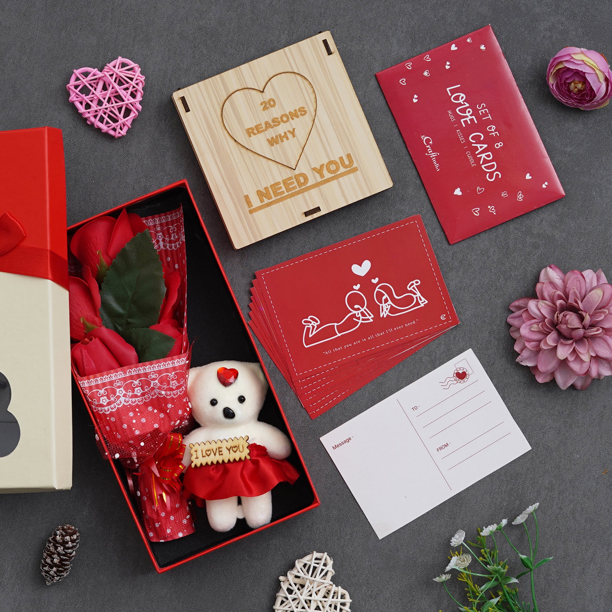 Valentine Combo of Pack of 8 Love Gift Cards, "20 Reasons Why I Need You" Printed on Little Hearts Wooden Gift Set, Red Roses Bouquet and White, Red Teddy Bear Valentine's Rectangle Shaped Gift Box