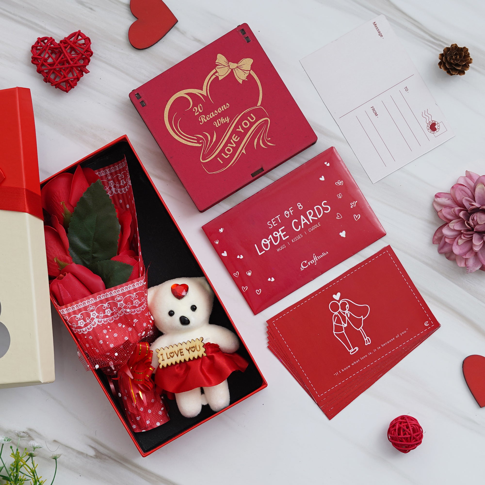 Valentine Combo of Pack of 8 Love Gift Cards, "20 Reasons Why I Love You" Printed on Little Red Hearts Decorative Wooden Gift Set Box, Red Roses Bouquet and White, Red Teddy Bear Valentine's Rectangle Shaped Gift Box