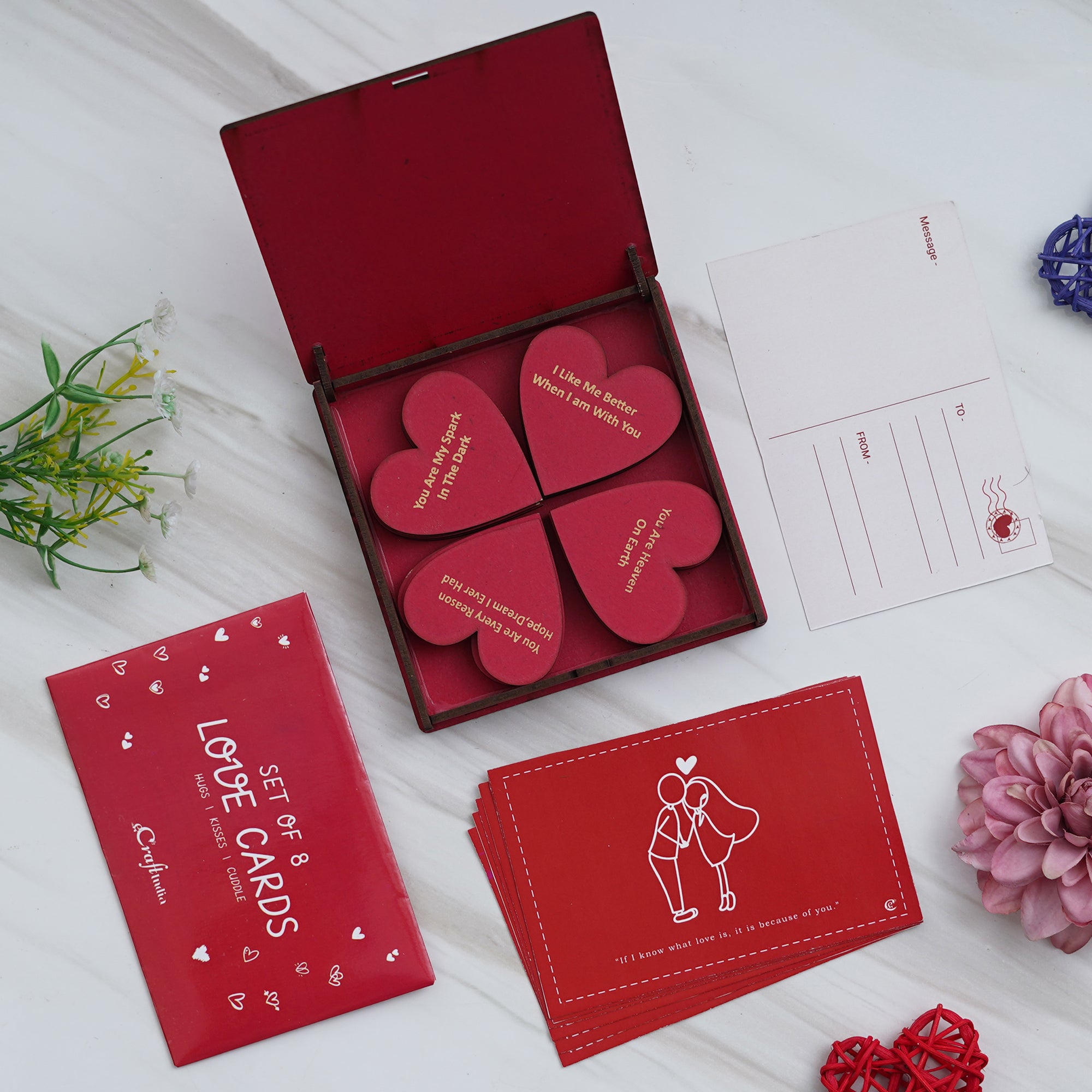 Valentine Combo of Pack of 8 Love Gift Cards, "20 Reasons Why I Love You" Printed on Little Red Hearts Decorative Wooden Gift Set Box