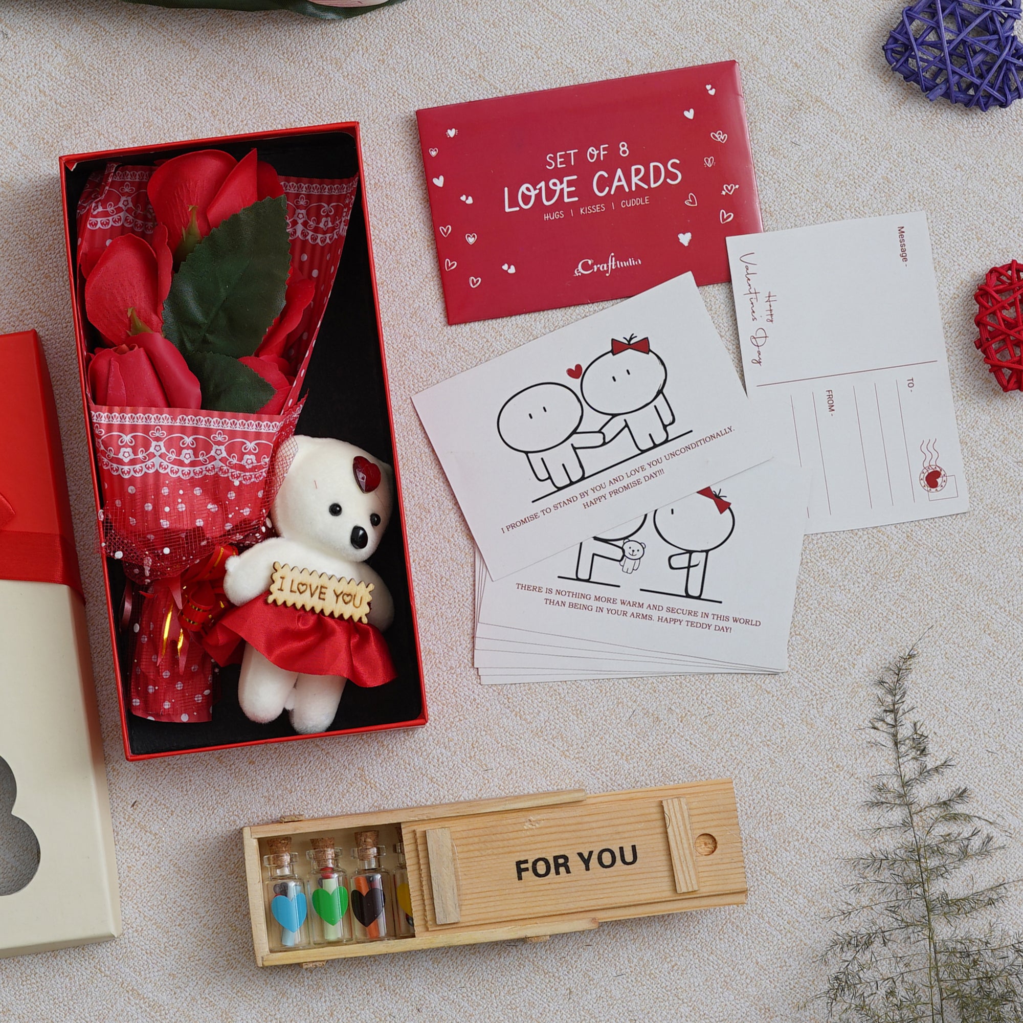 Valentine Combo of Pack of 8 Love Gift Cards, Red Roses Bouquet and White, Red Teddy Bear Valentine's Rectangle Shaped Gift Box, Wooden Box "For You" Message Bottle Set