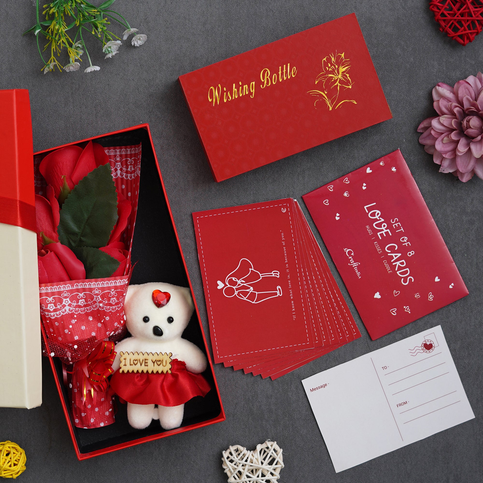 Valentine Combo of Pack of 8 Love Gift Cards, Red Roses Bouquet and White, Red Teddy Bear Valentine's Rectangle Shaped Gift Box, Red Message Bottle Wooden Box Set