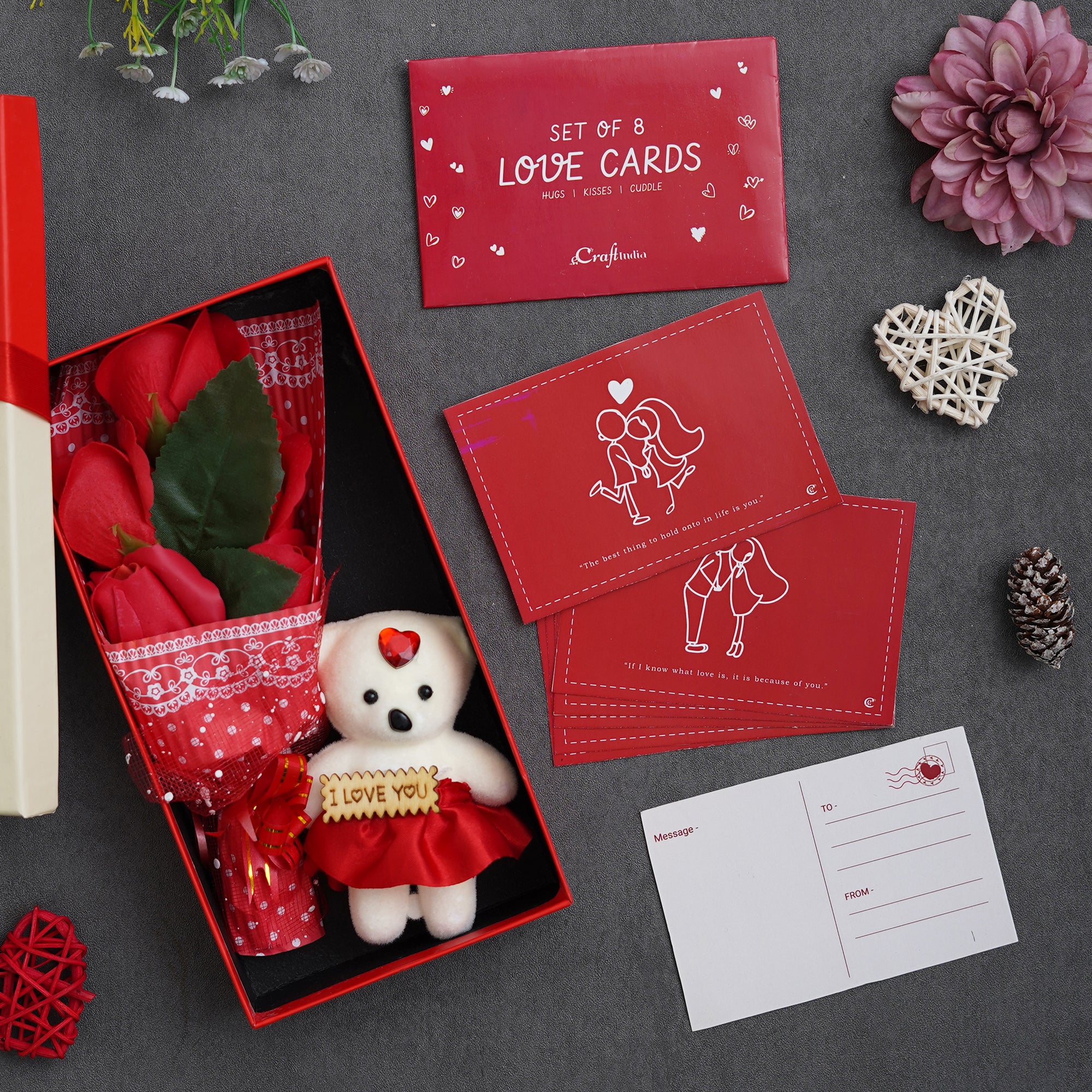 Valentine Combo of Pack of 8 Love Gift Cards, Red Roses Bouquet and White, Red Teddy Bear Valentine's Rectangle Shaped Gift Box
