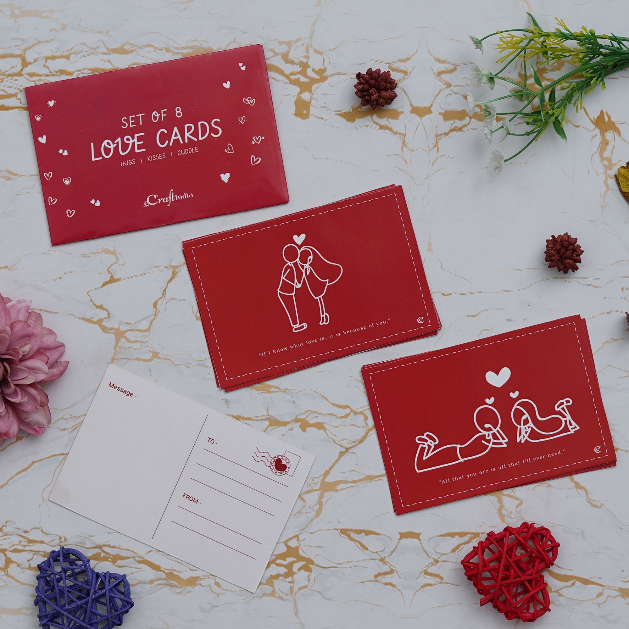 Valentine Combo of Pack of 8 Love Gift Cards, Golden Red Rose Gift Set, Red and White Heart Hugging Each Other Gift Set 1