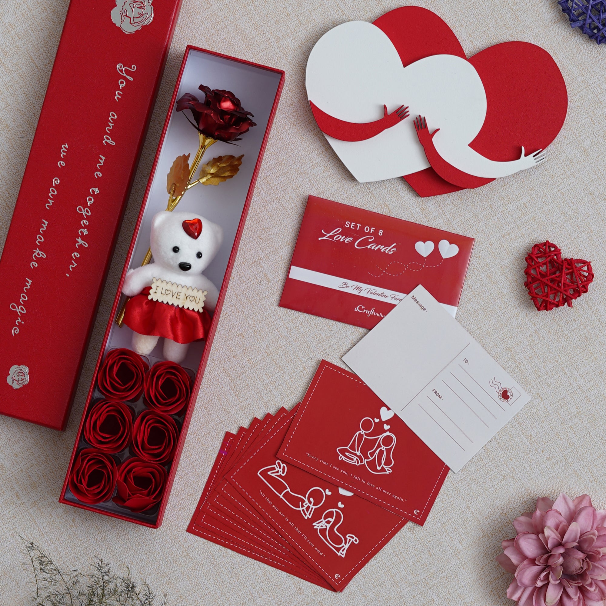 Valentine Combo of Set of 8 Love Post Cards Gift Cards Set, Red Gift Box with Teddy & Roses, Red and White Heart Hugging Each Other Gift Set