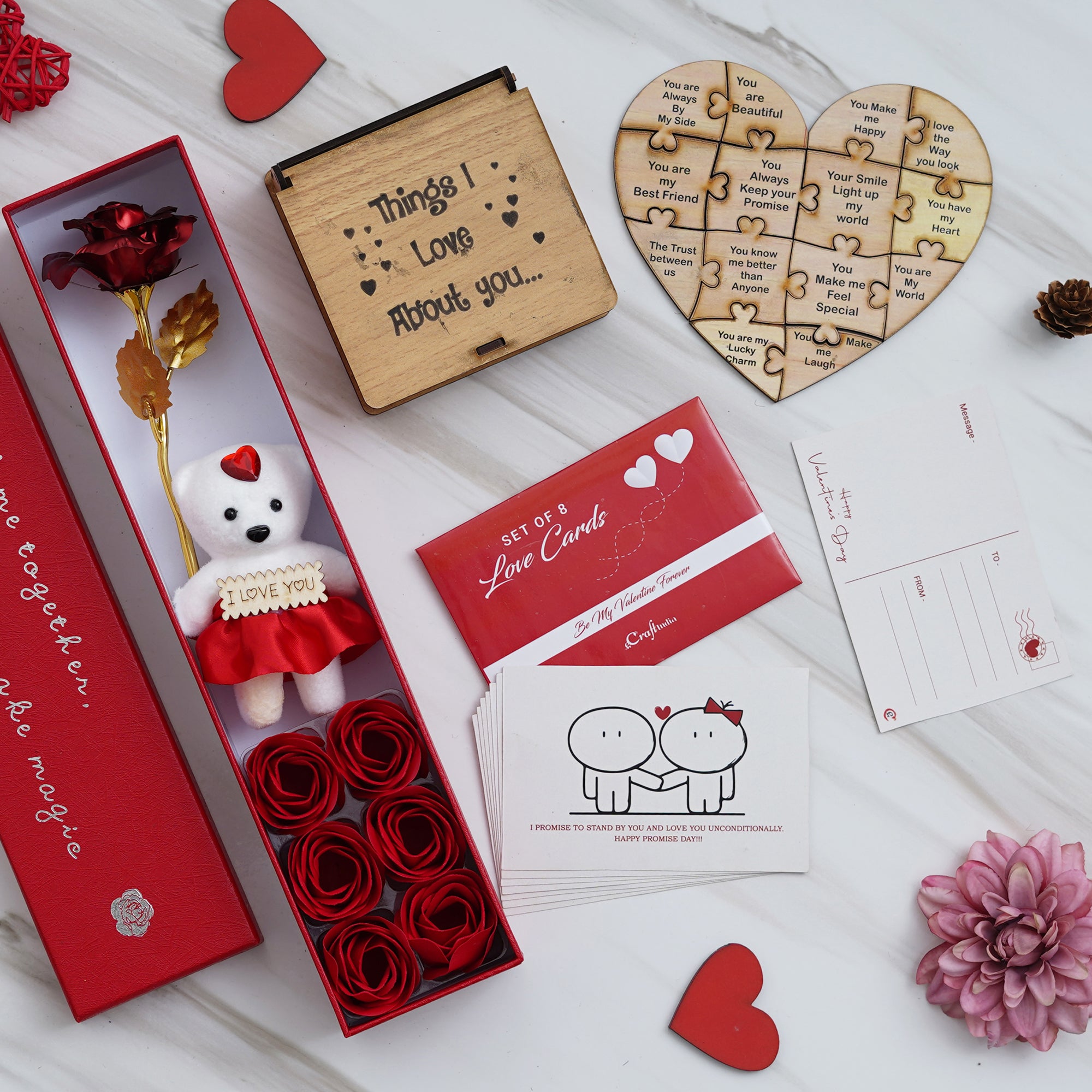 Valentine Combo of Set of 8 Love Post Cards Gift Cards Set, Red Gift Box with Teddy & Roses, "Things I Love About You" Puzzle Wooden Gift Set
