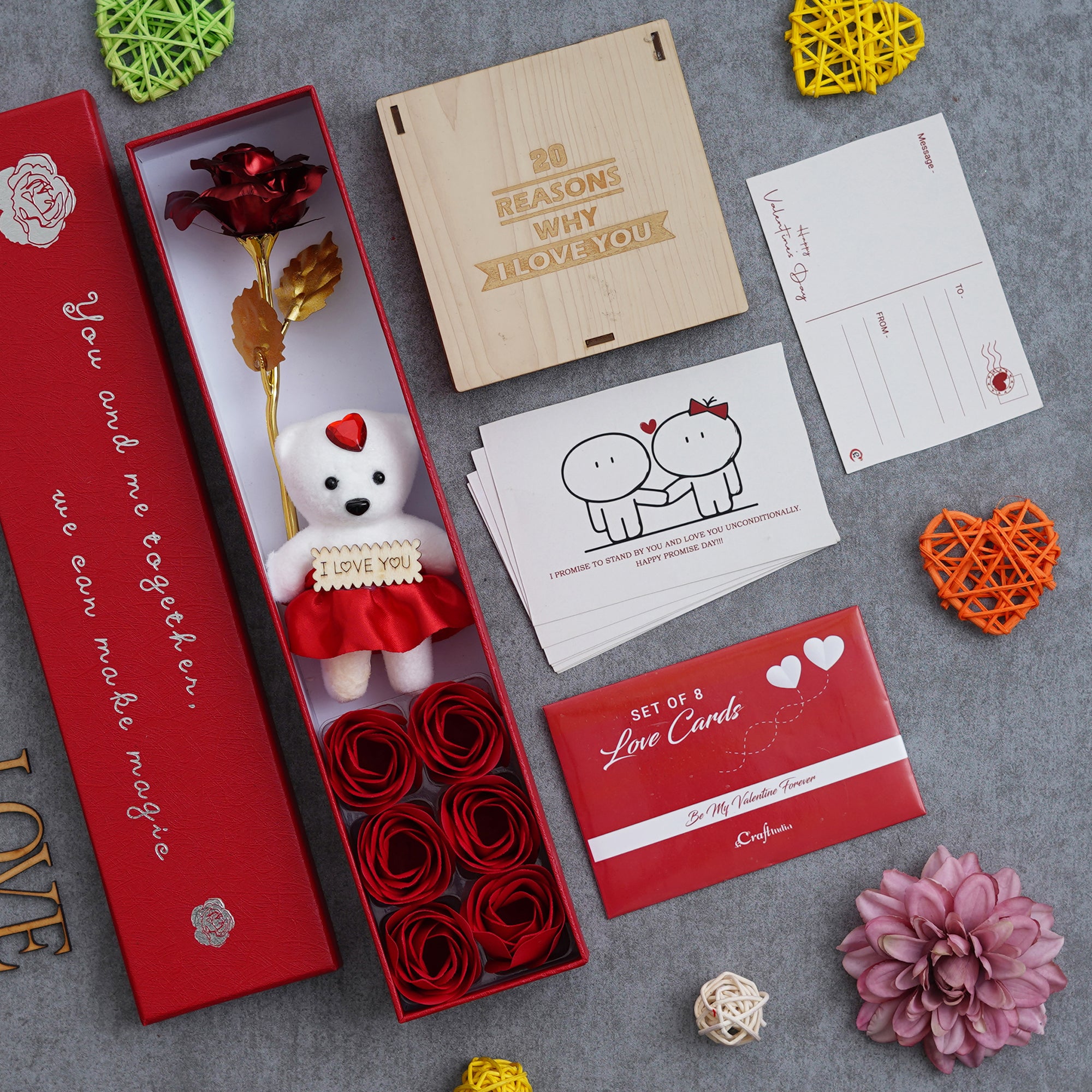 Valentine Combo of Set of 8 Love Post Cards Gift Cards Set, Red Gift Box with Teddy & Roses, "20 Reasons Why I Love You" Printed on Little Hearts Wooden Gift Set