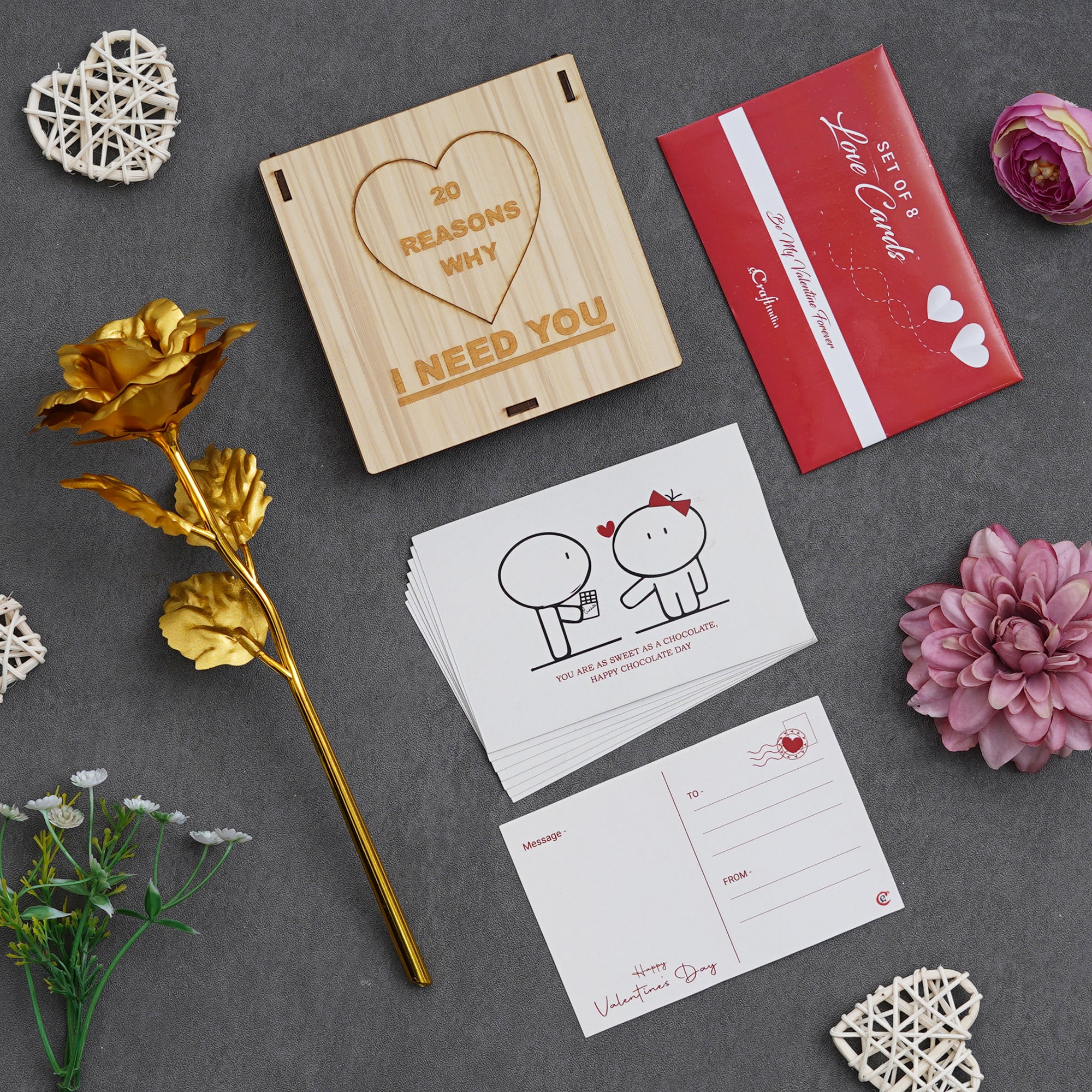 Valentine Combo of Set of 8 Love Post Cards Gift Cards Set, Red Gift Box with Teddy & Roses, "20 Reasons Why I Need You" Printed on Little Hearts Wooden Gift Set