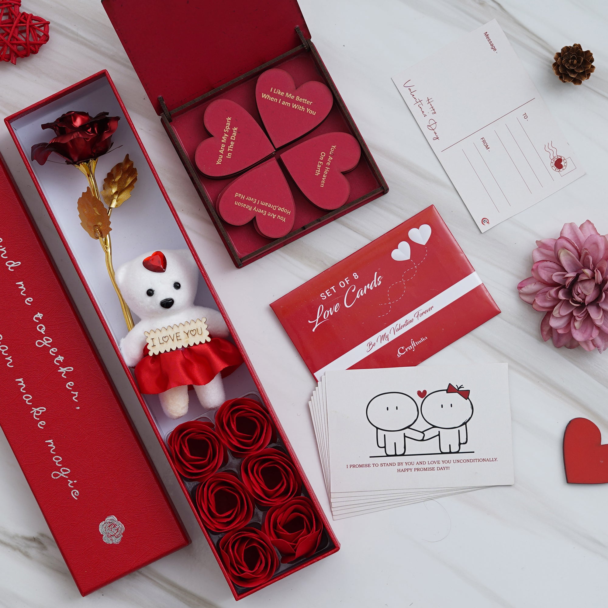 Valentine Combo of Set of 8 Love Post Cards Gift Cards Set, Red Gift Box with Teddy & Roses, "20 Reasons Why I Love You" Printed on Little Red Hearts Decorative Wooden Gift Set Box