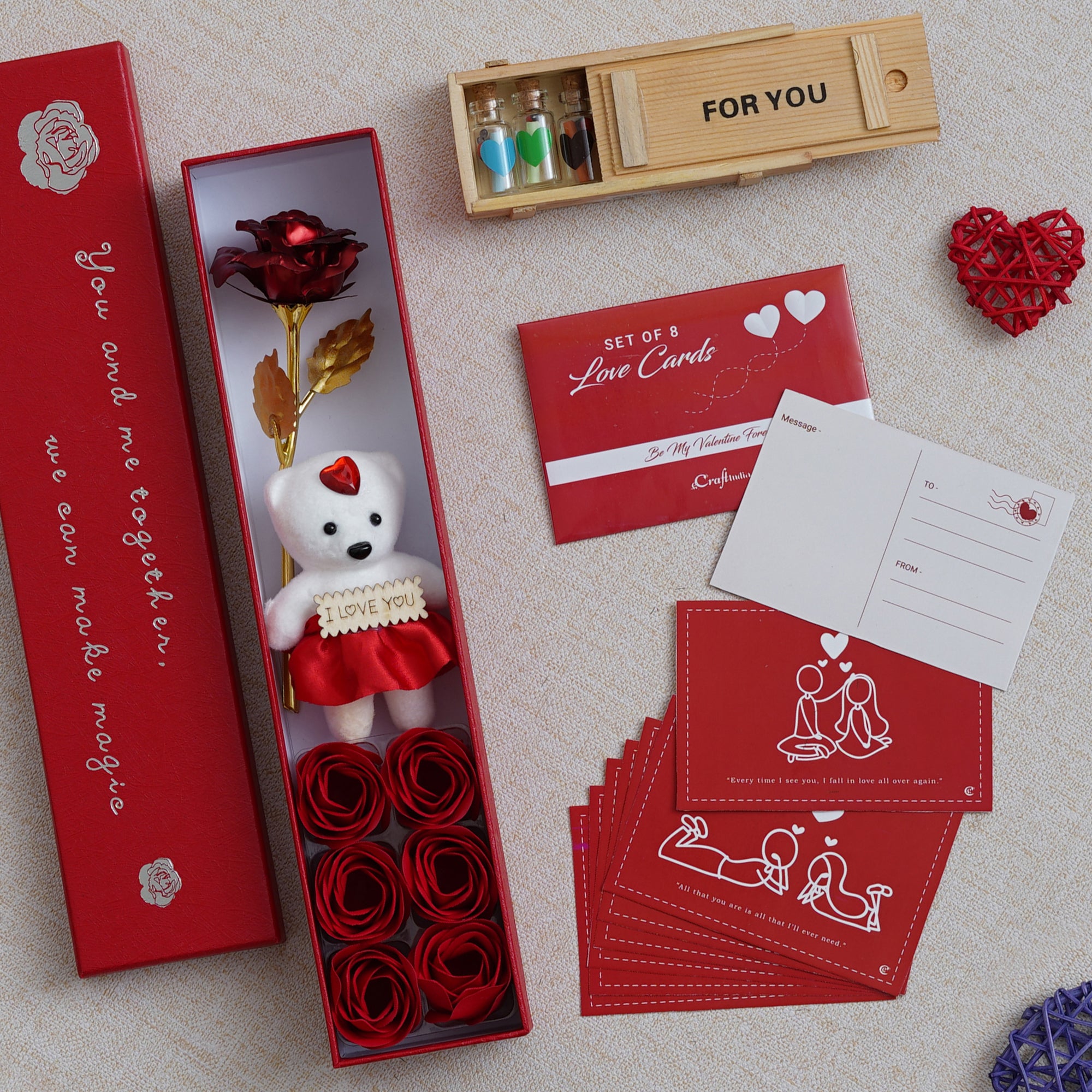 Valentine Combo of Set of 8 Love Post Cards Gift Cards Set, Red Gift Box with Teddy & Roses, Wooden Box "For You" Message Bottle Set