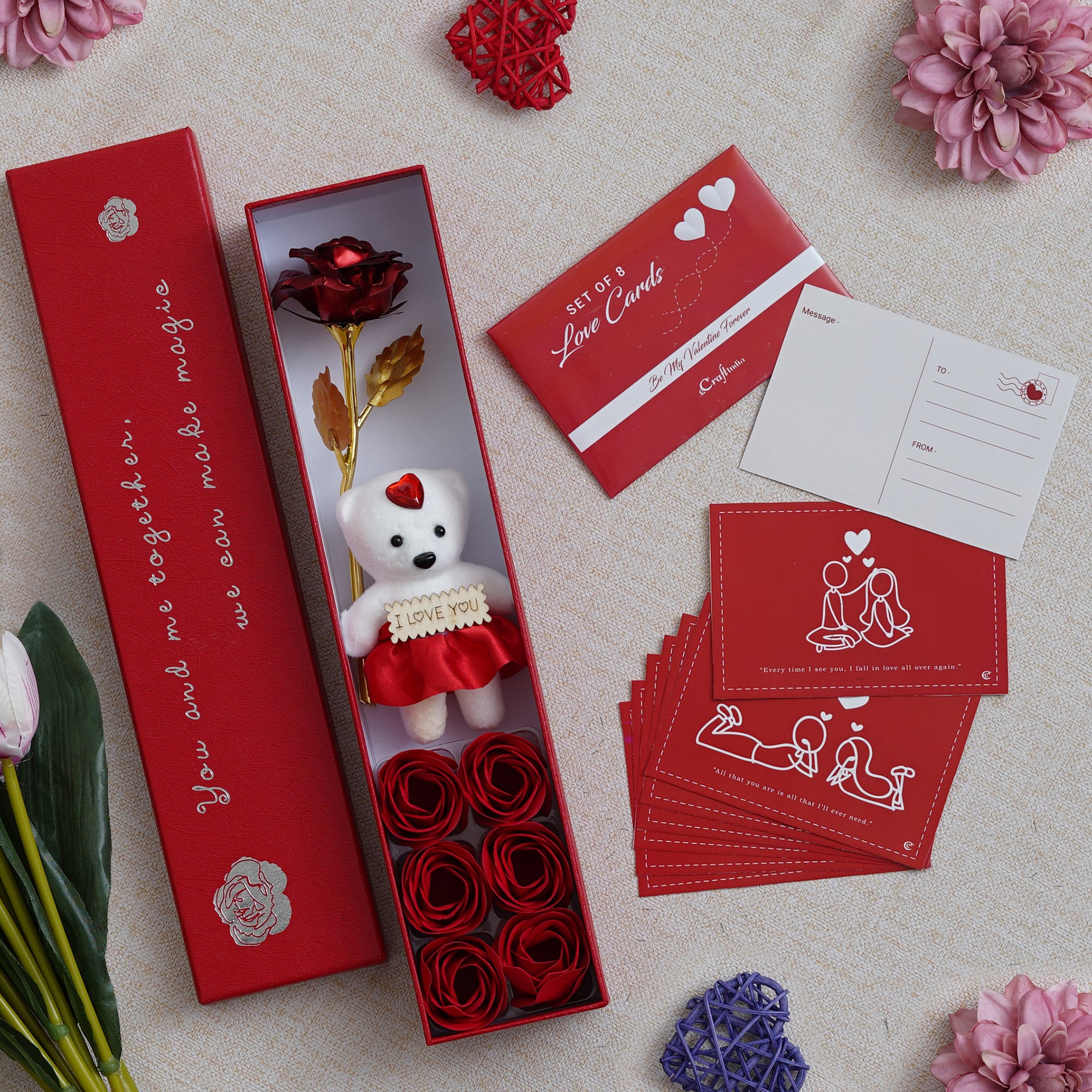 Valentine Combo of Set of 8 Love Post Cards Gift Cards Set, Red Gift Box with Teddy & Roses