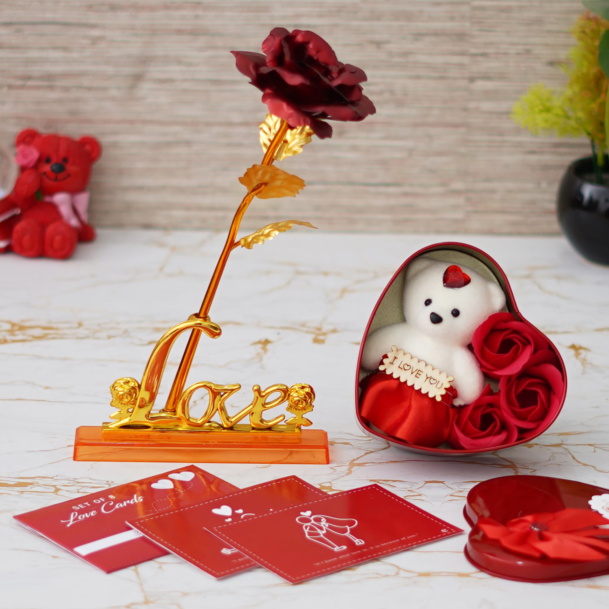 Valentine Combo of Set of 8 Love Post Cards Gift Cards Set, Love Golden Red Rose Table Decor Gift Set Showpiece, Heart Shaped Gift Box Set with White Teddy and Red Roses