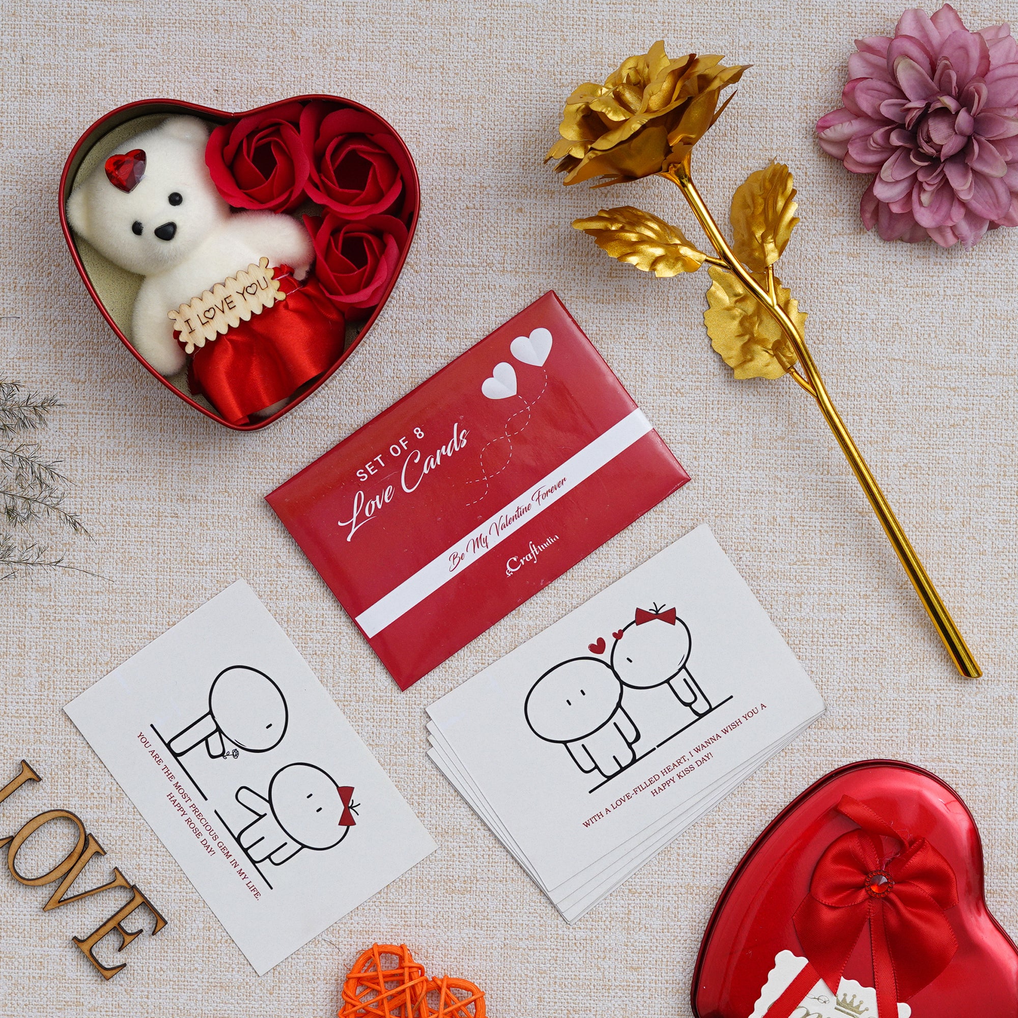 Valentine Combo of Set of 8 Love Post Cards Gift Cards Set, Golden Rose Gift Set, Heart Shaped Gift Box Set with White Teddy and Red Roses