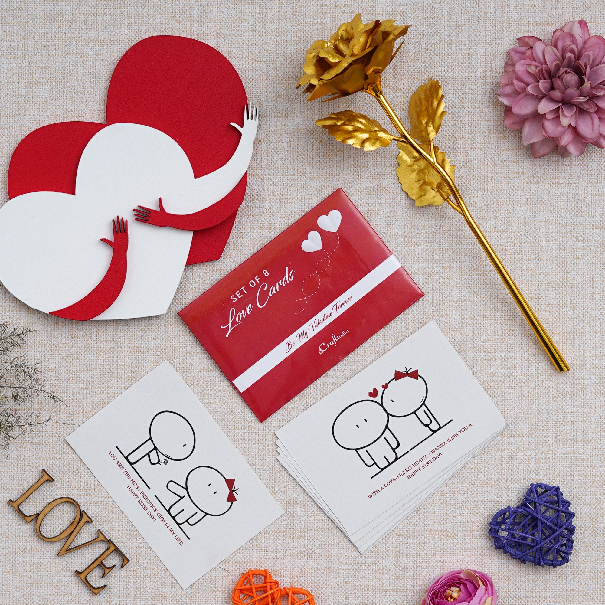 Valentine Combo of Set of 8 Love Post Cards Gift Cards Set, Golden Rose Gift Set, Red and White Heart Hugging Each Other Gift Set
