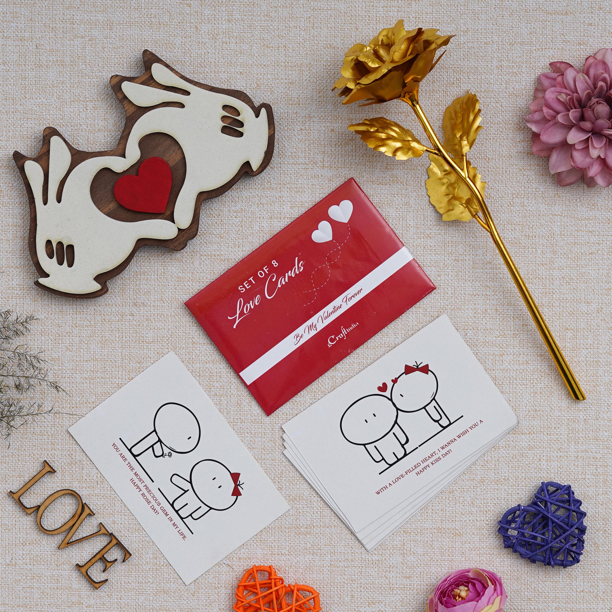 Valentine Combo of Set of 8 Love Post Cards Gift Cards Set, Golden