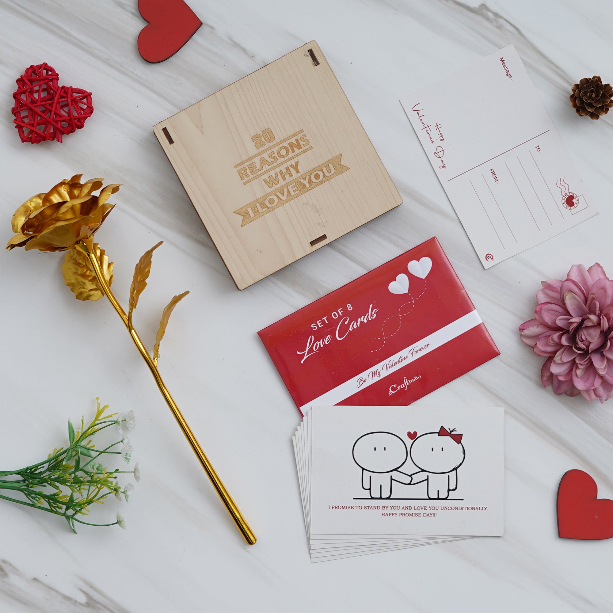 Valentine Combo of Set of 8 Love Post Cards Gift Cards Set, Golden Rose Gift Set, "20 Reasons Why I Love You" Printed on Little Hearts Wooden Gift Set