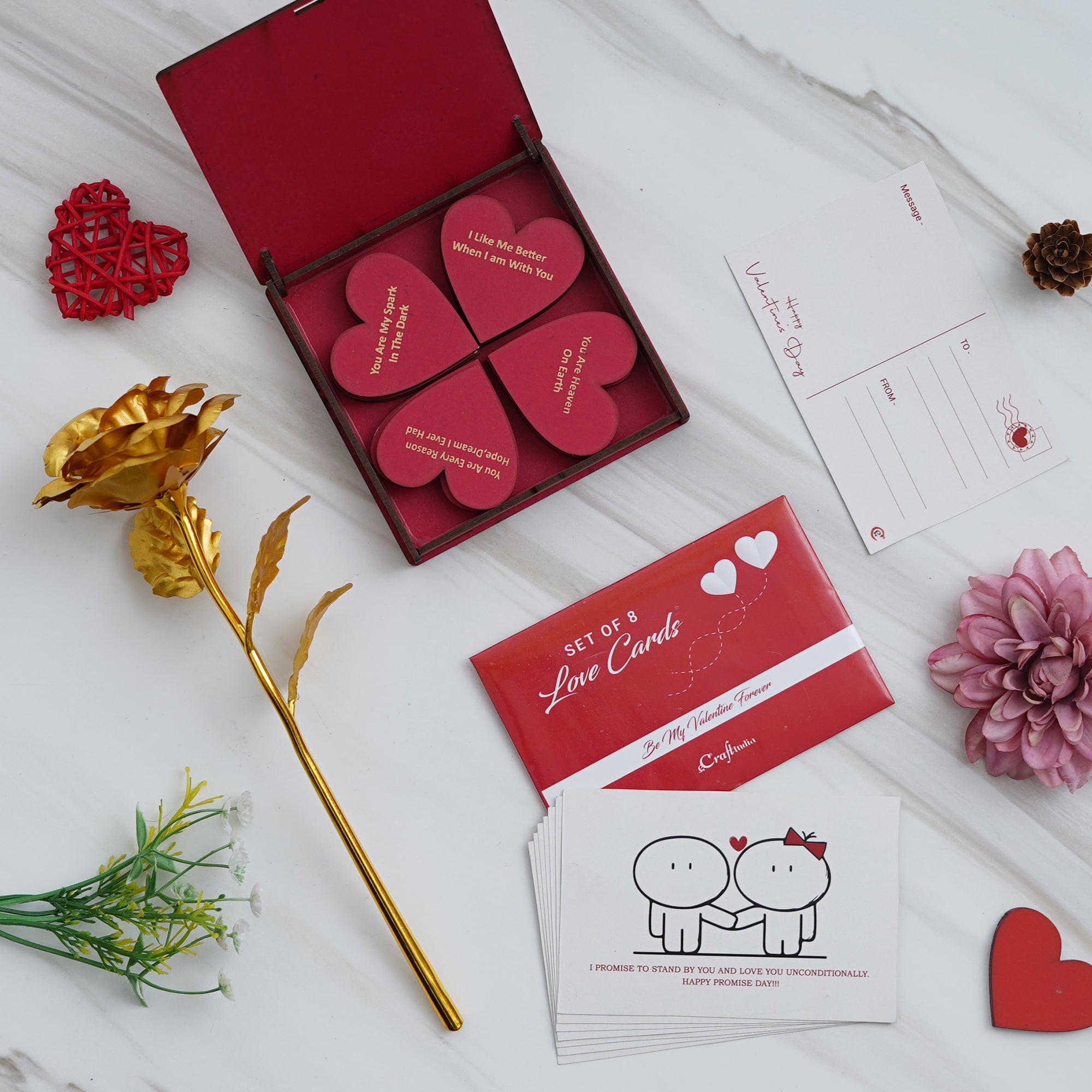Valentine Combo of Set of 8 Love Post Cards Gift Cards Set, Golden Rose Gift Set, "20 Reasons Why I Love You" Printed on Little Red Hearts Decorative Wooden Gift Set Box