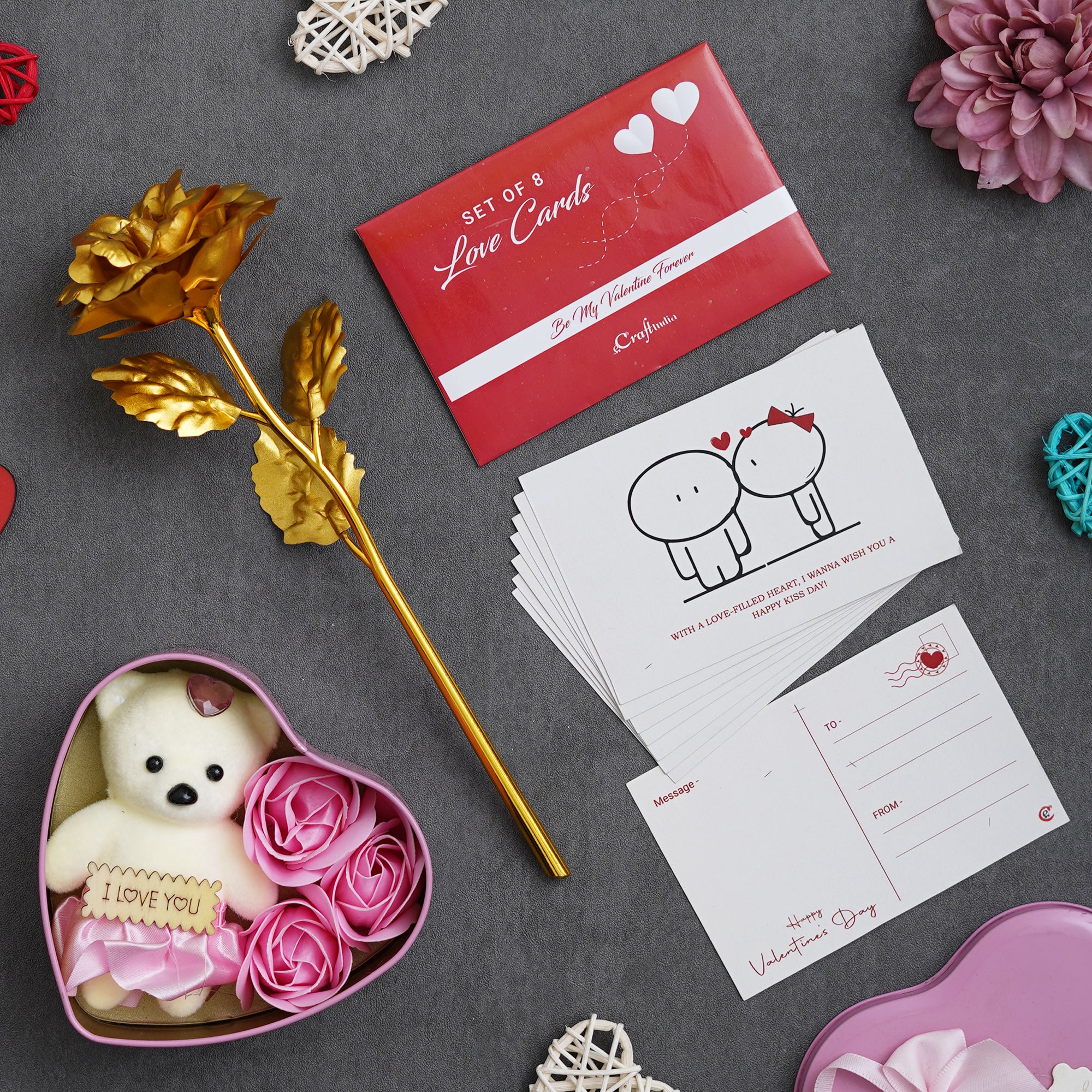 Valentine Combo of Set of 8 Love Post Cards Gift Cards Set, Golden Rose Gift Set, Pink Heart Shaped Gift Box with Teddy and Roses