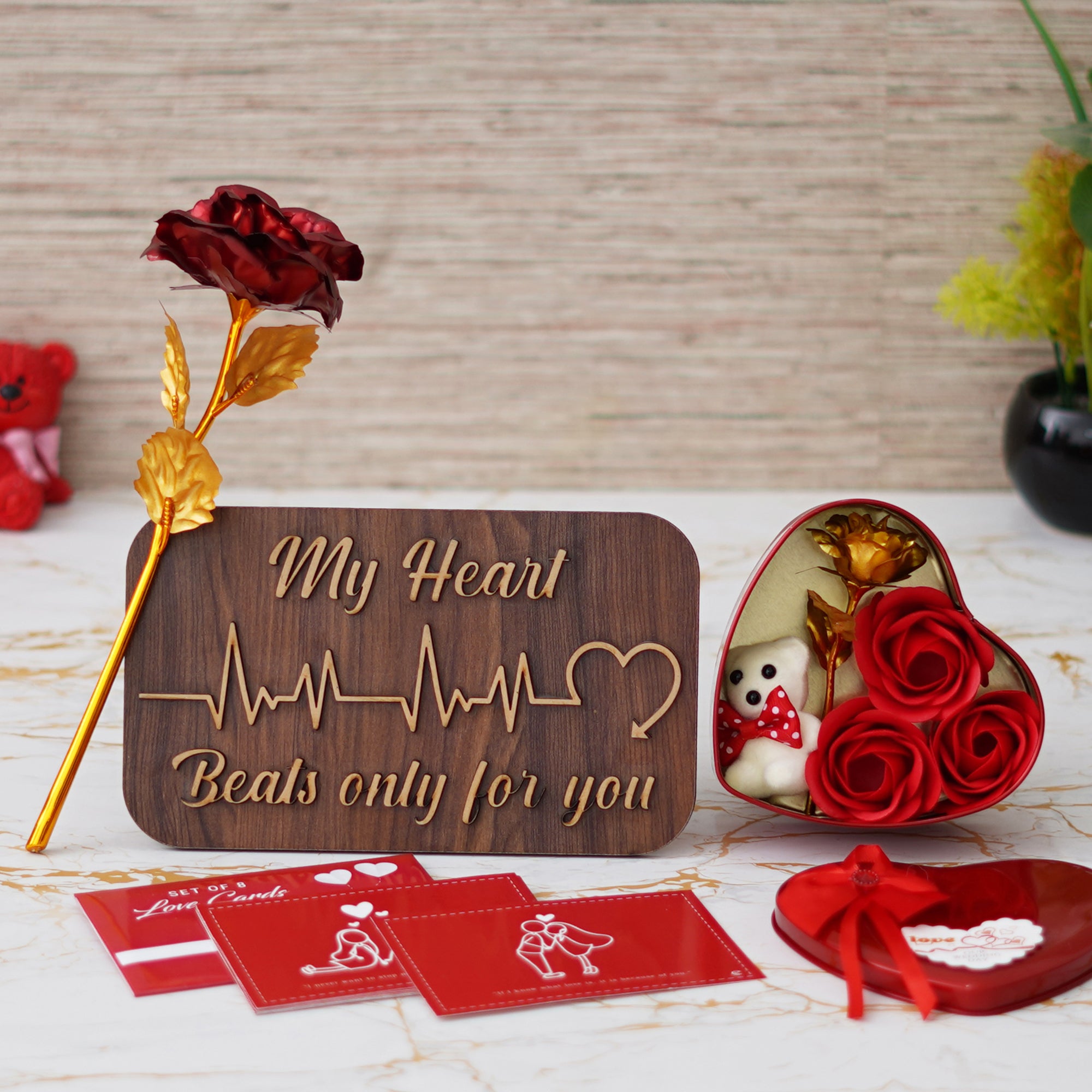 Valentine Combo of Set of 8 Love Post Cards Gift Cards Set, Golden Red Rose Gift Set, "My Heart Beats Only For You" Wooden Showpiece With Stand, Red Heart Shaped Gift Box