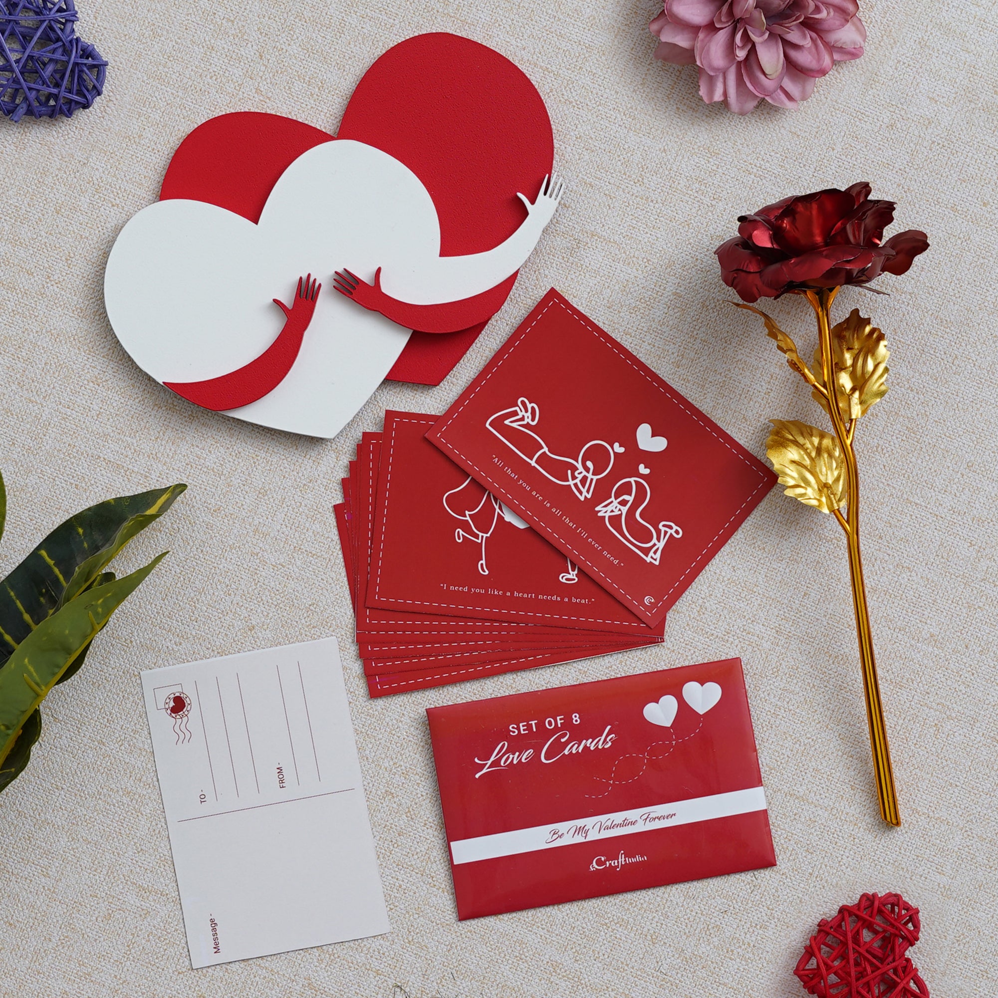 Valentine Combo of Set of 8 Love Post Cards Gift Cards Set, Golden Red Rose Gift Set, Heart Shaped Gift Box Set with White Teddy and Red Roses