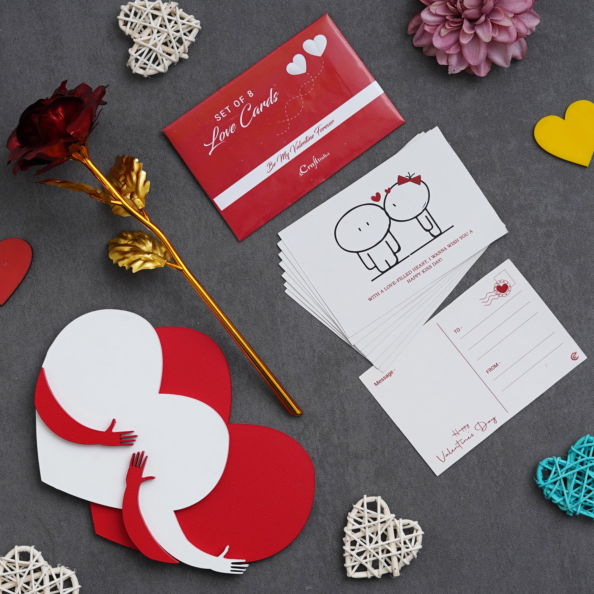 Valentine Combo of Set of 8 Love Post Cards Gift Cards Set, Golden Red Rose Gift Set, Red and White Heart Hugging Each Other Gift Set