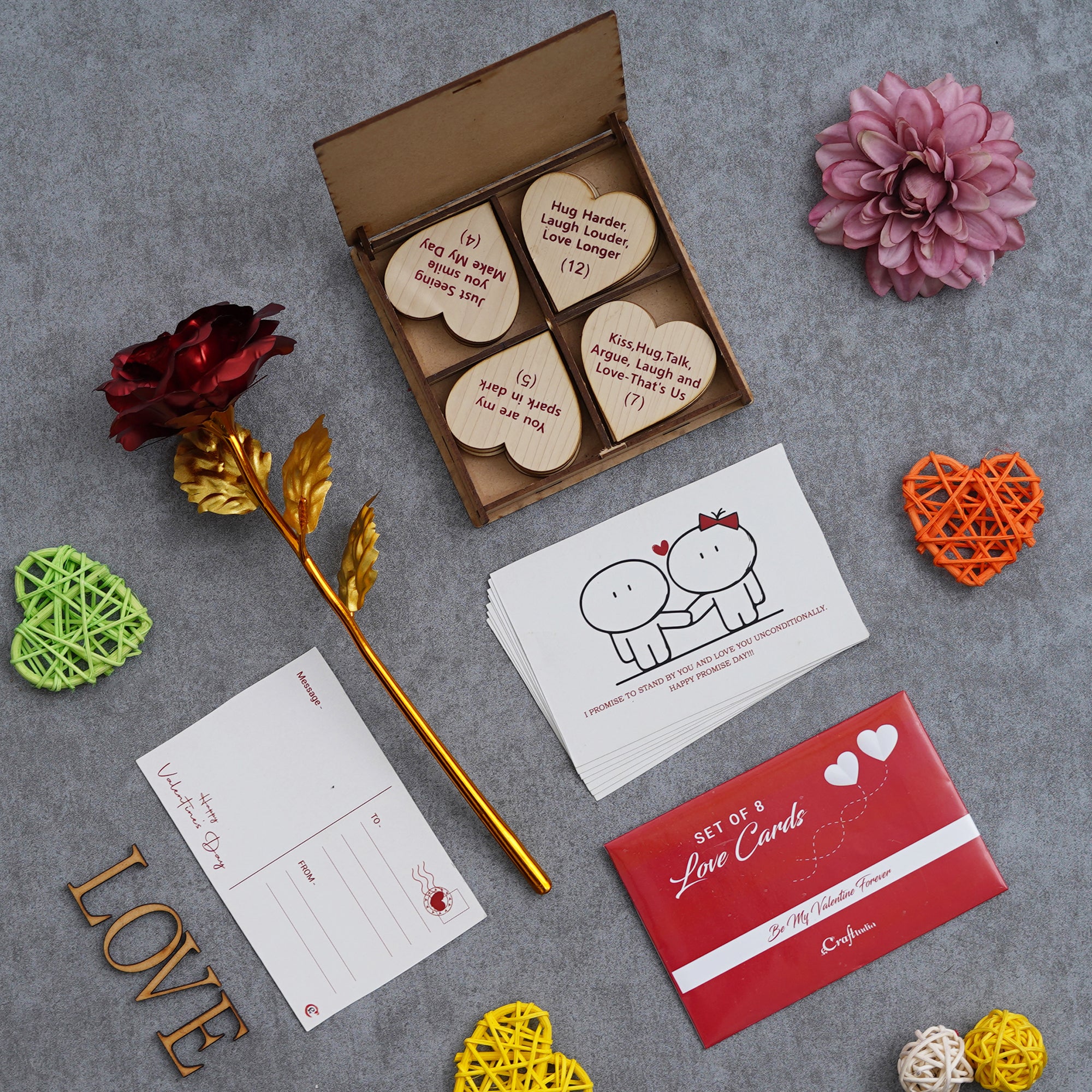 Valentine Combo of Set of 8 Love Post Cards Gift Cards Set, Golden Red Rose Gift Set, "20 Reasons Why I Love You" Printed on Little Hearts Wooden Gift Set