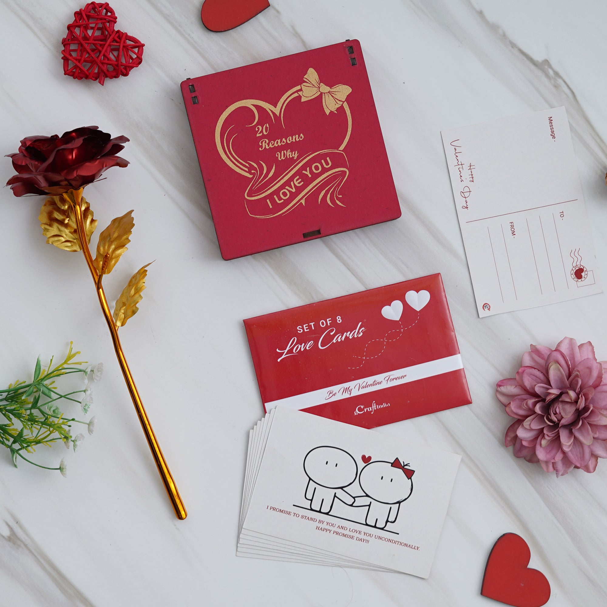 Valentine Combo of Set of 8 Love Post Cards Gift Cards Set, Golden Red Rose Gift Set, "20 Reasons Why I Love You" Printed on Little Red Hearts Decorative Wooden Gift Set Box