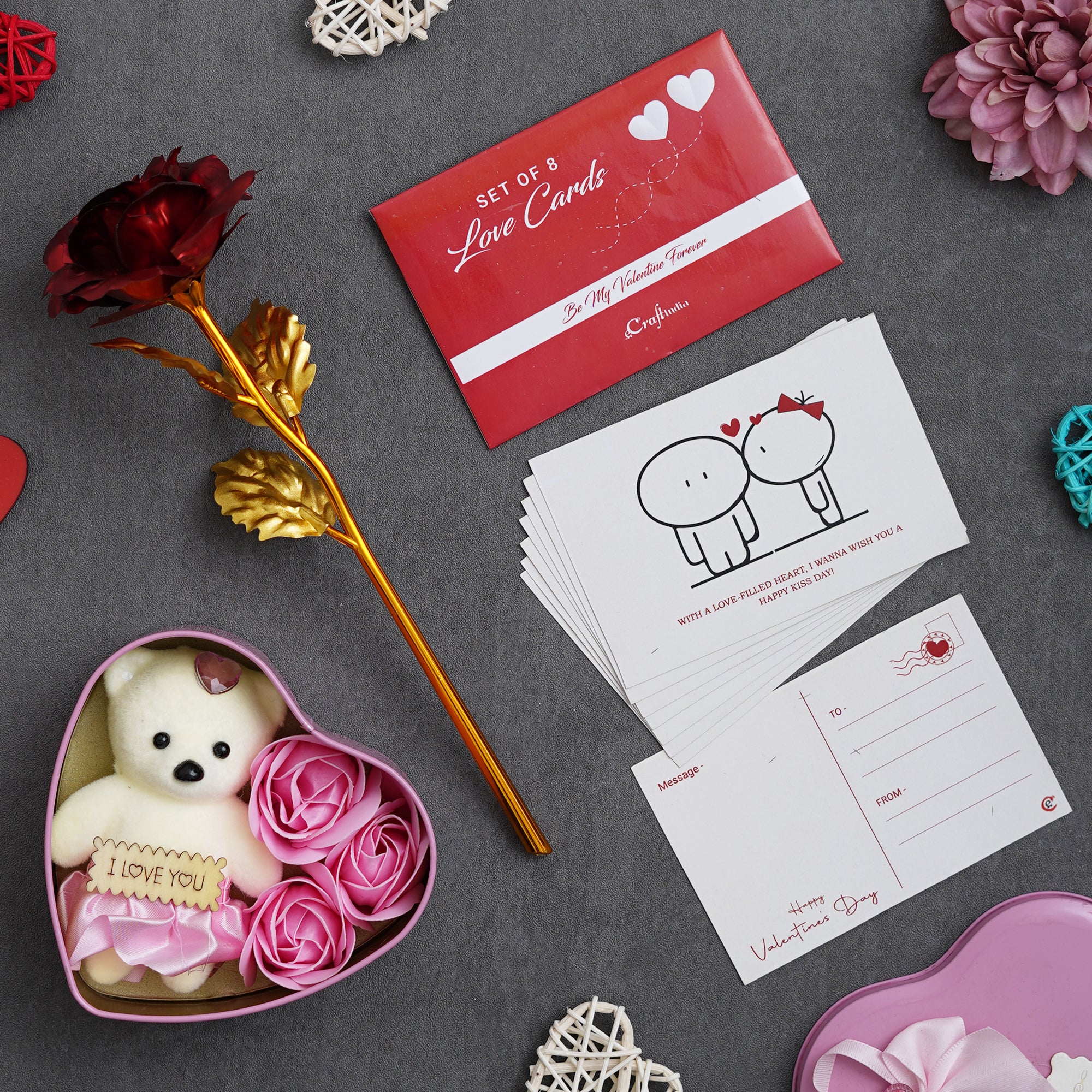 Valentine Combo of Set of 8 Love Post Cards Gift Cards Set, Golden Red Rose Gift Set, Pink Heart Shaped Gift Box with Teddy and Roses