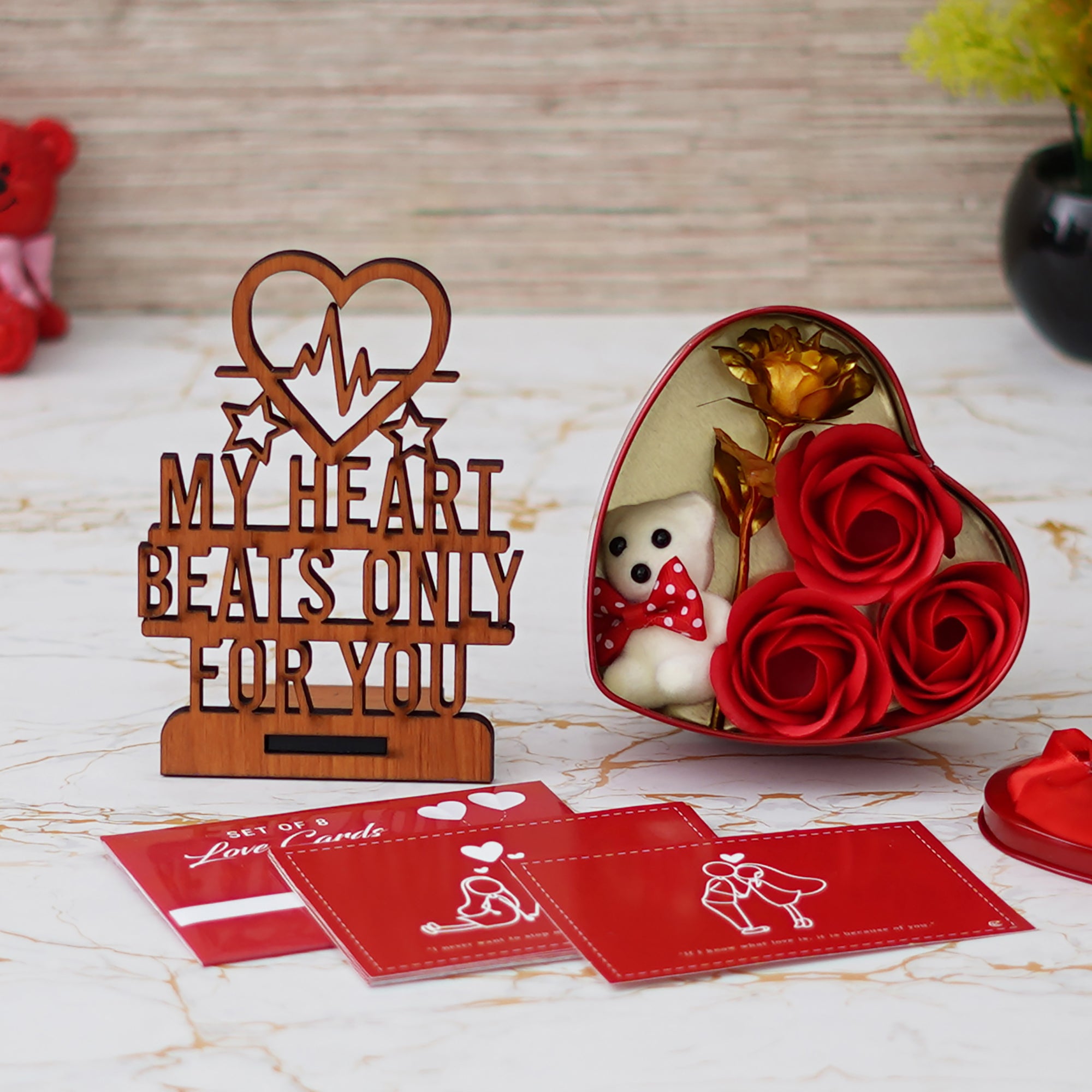Valentine Combo of Set of 8 Love Post Cards Gift Cards Set, "My Heart Beats Only For You" Wooden Showpiece With Stand, Red Heart Shaped Gift Box