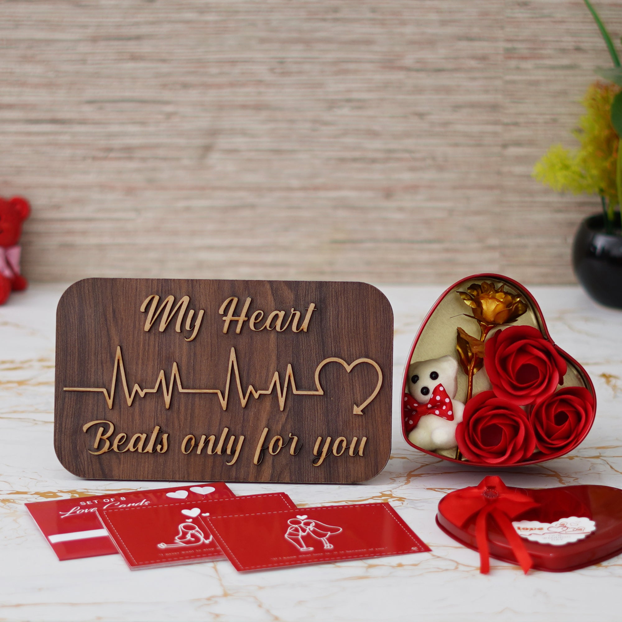 Valentine Combo of Set of 8 Love Post Cards Gift Cards Set, "My Heart Beats Only For You" Wooden Showpiece With Stand, Red Heart Shaped Gift Box