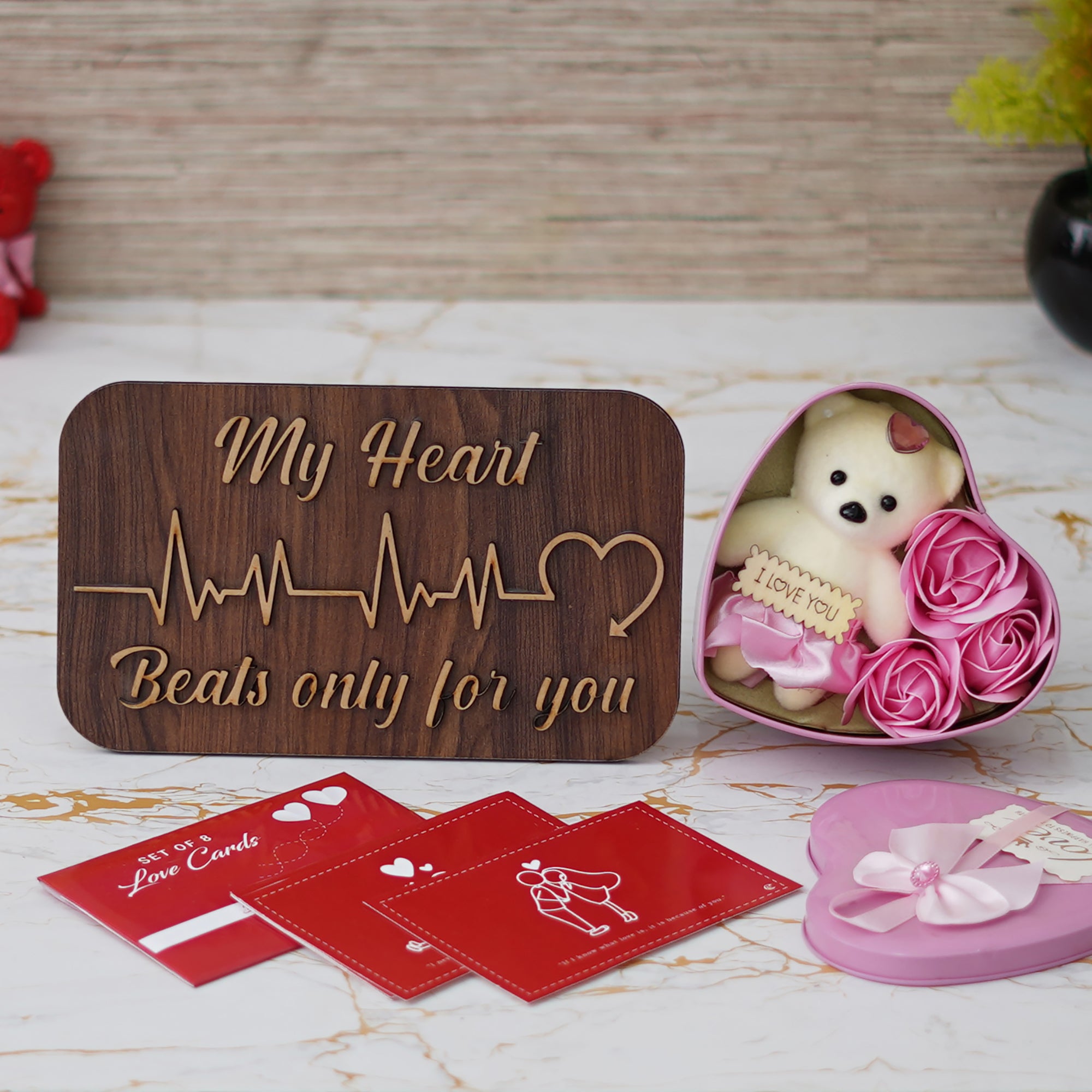 Valentine Combo of Set of 8 Love Post Cards Gift Cards Set, "My Heart Beats Only For You" Wooden Showpiece With Stand, Pink Heart Shaped Gift Box with Teddy and Roses