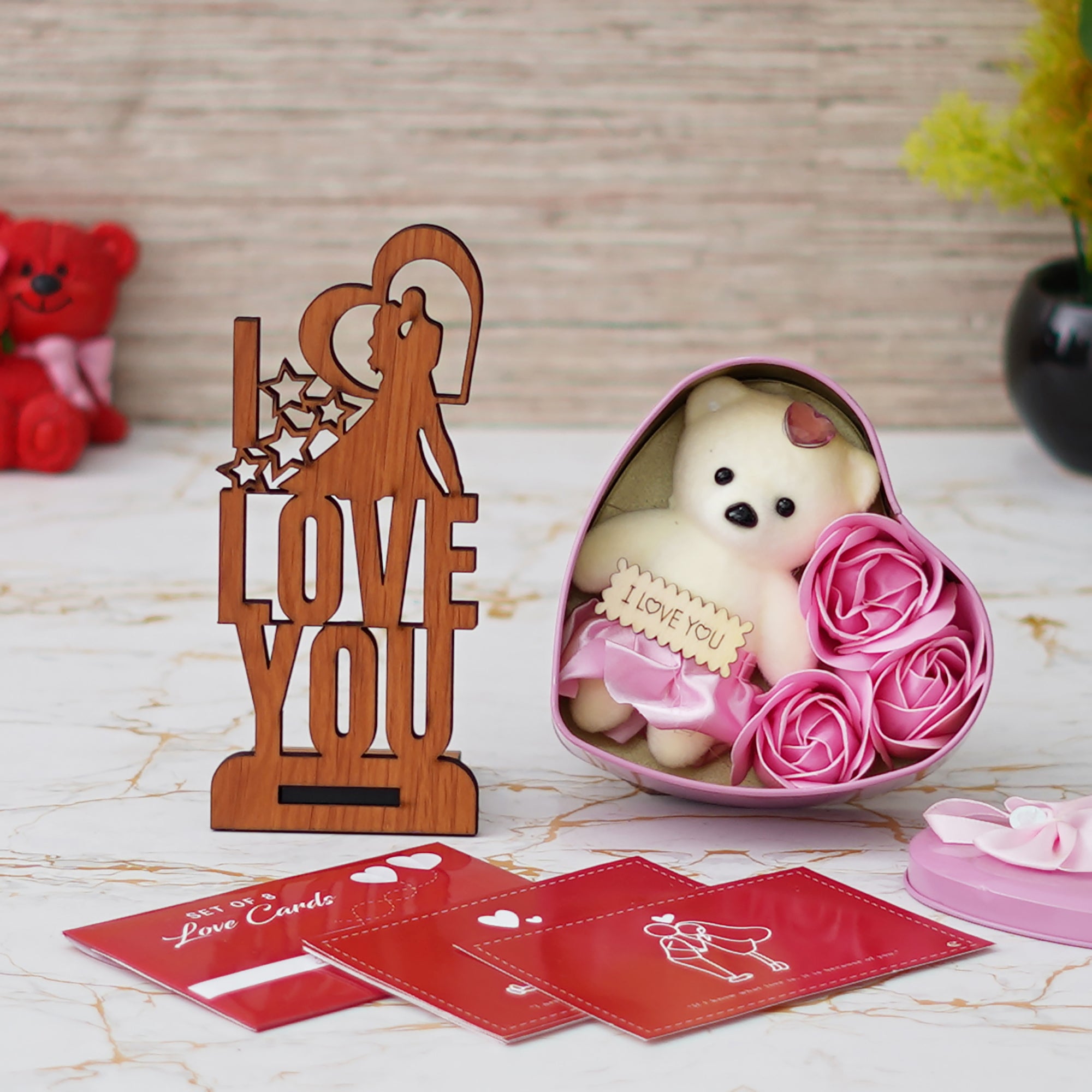 Valentine Combo of Set of 8 Love Post Cards Gift Cards Set, "Love You" Wooden Showpiece With Stand, Pink Heart Shaped Gift Box with Teddy and Roses