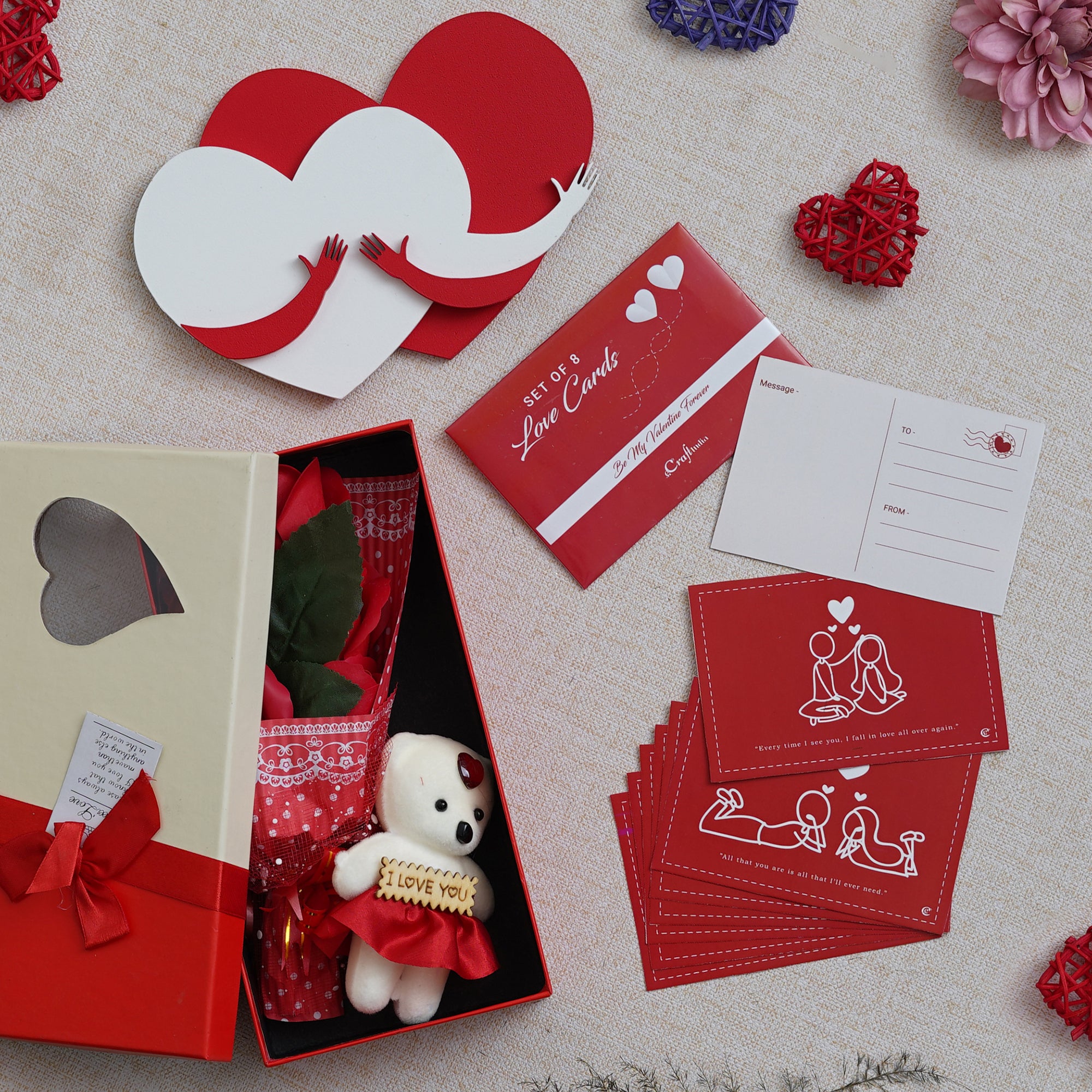 Valentine Combo of Set of 8 Love Post Cards Gift Cards Set, Red and White Heart Hugging Each Other Gift Set, Red Roses Bouquet and White, Red Teddy Bear Valentine's Rectangle Shaped Gift Box