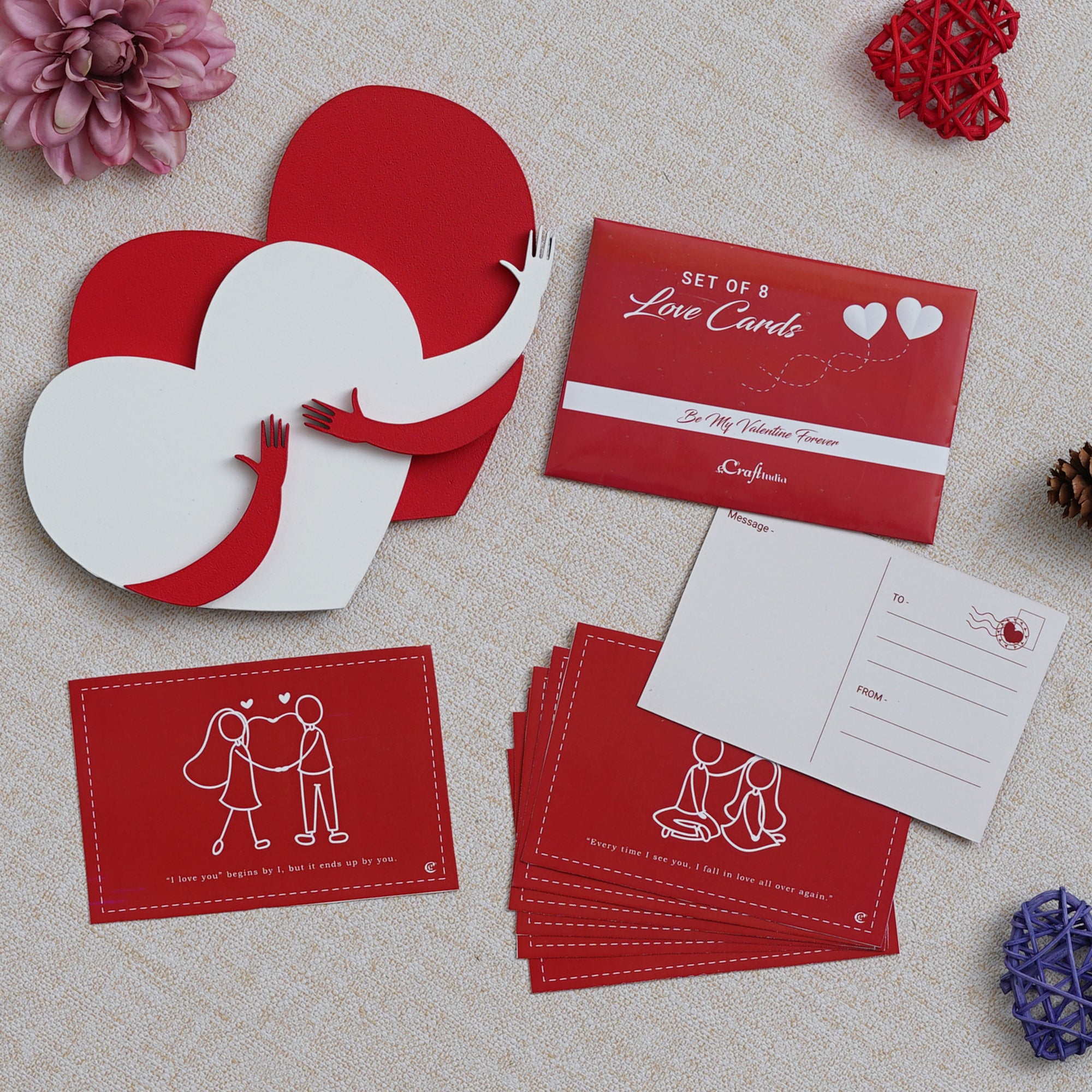 Valentine Combo of Set of 8 Love Post Cards Gift Cards Set, Red and White Heart Hugging Each Other Gift Set