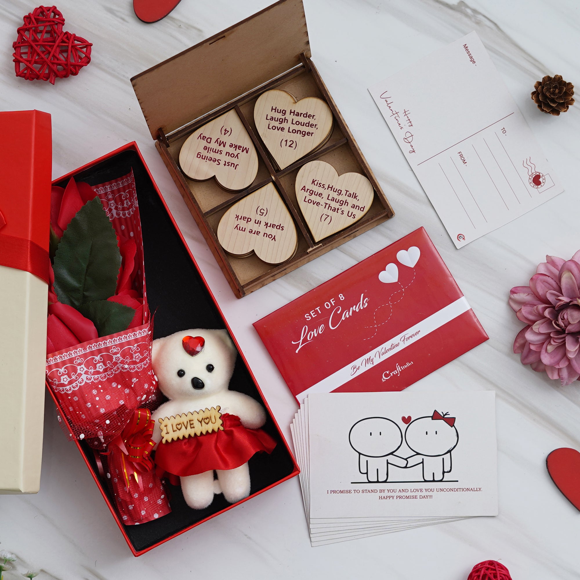 Valentine Combo of Set of 8 Love Post Cards Gift Cards Set, "20 Reasons Why I Love You" Printed on Little Hearts Wooden Gift Set, Red Roses Bouquet and White, Red Teddy Bear Valentine's Rectangle Shaped Gift Box