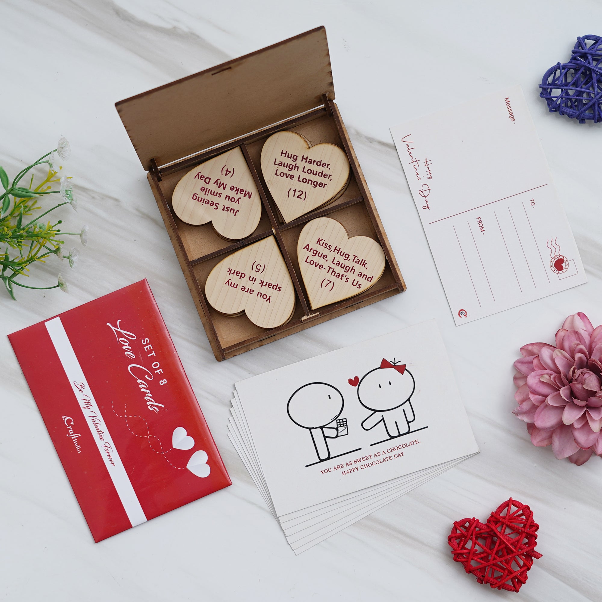 Valentine Combo of Set of 8 Love Post Cards Gift Cards Set, "20 Reasons Why I Love You" Printed on Little Hearts Wooden Gift Set