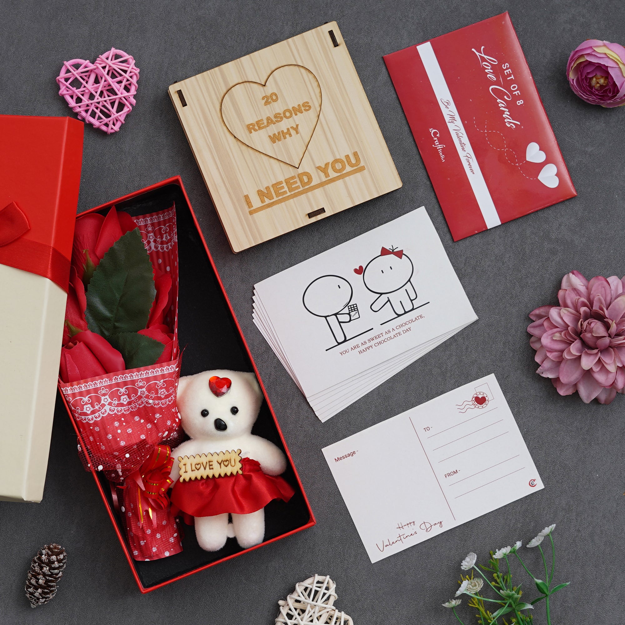 Valentine Combo of Set of 8 Love Post Cards Gift Cards Set, "20 Reasons Why I Need You" Printed on Little Hearts Wooden Gift Set, Red Roses Bouquet and White, Red Teddy Bear Valentine's Rectangle Shaped Gift Box