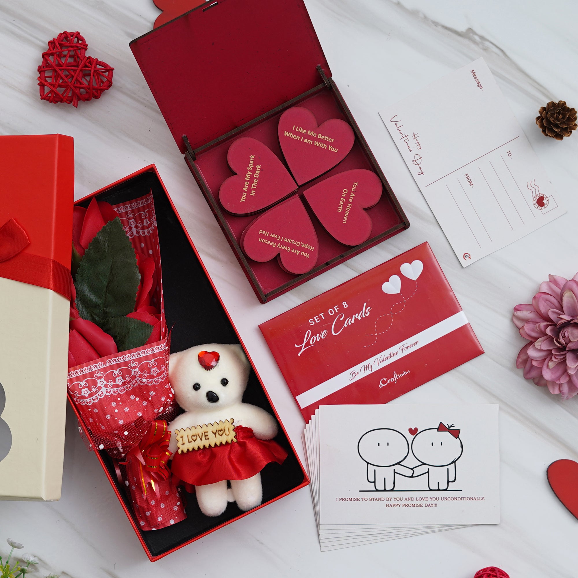 Valentine Combo of Set of 8 Love Post Cards Gift Cards Set, "20 Reasons Why I Love You" Printed on Little Red Hearts Decorative Wooden Gift Set Box, Red Roses Bouquet and White, Red Teddy Bear Valentine's Rectangle Shaped Gift Box