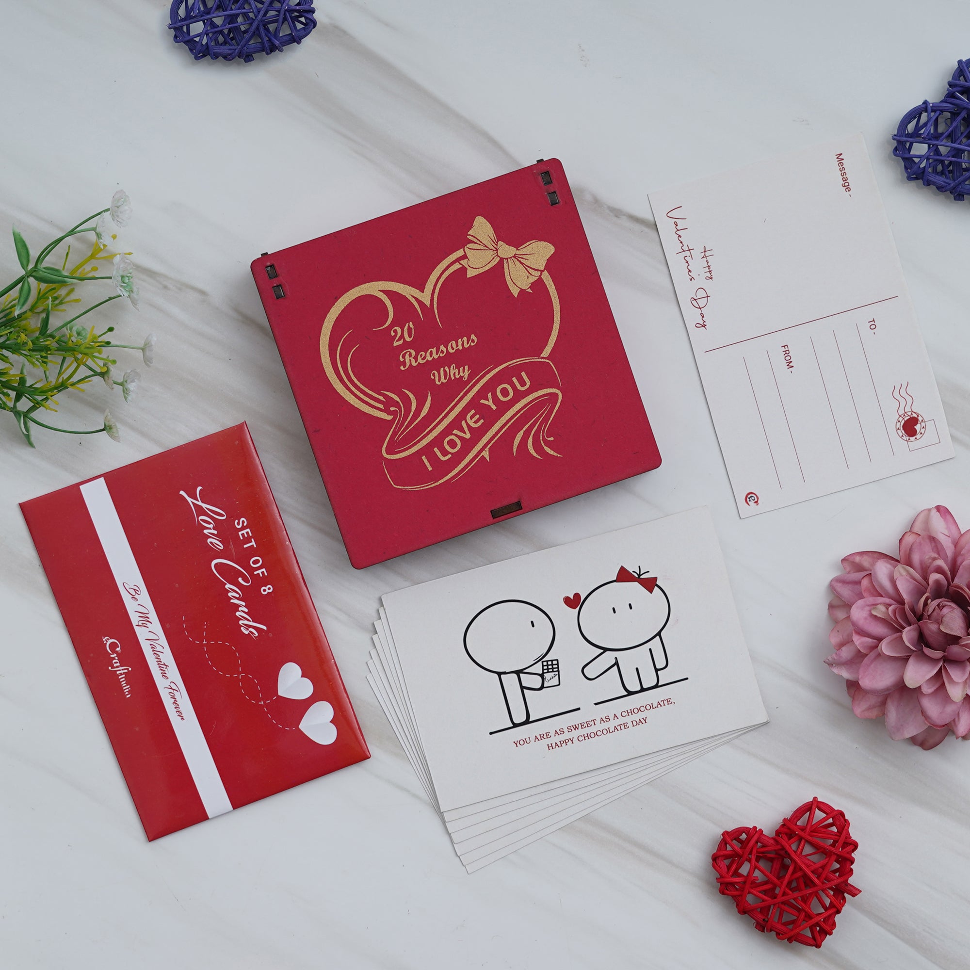 Valentine Combo of Set of 8 Love Post Cards Gift Cards Set, "20 Reasons Why I Love You" Printed on Little Red Hearts Decorative Wooden Gift Set Box