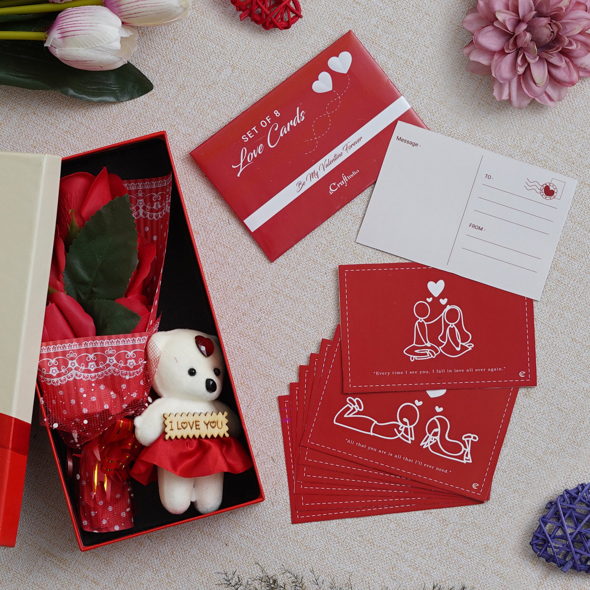Valentine Combo of Set of 8 Love Post Cards Gift Cards Set, Red Roses Bouquet and White, Red Teddy Bear Valentine's Rectangle Shaped Gift Box