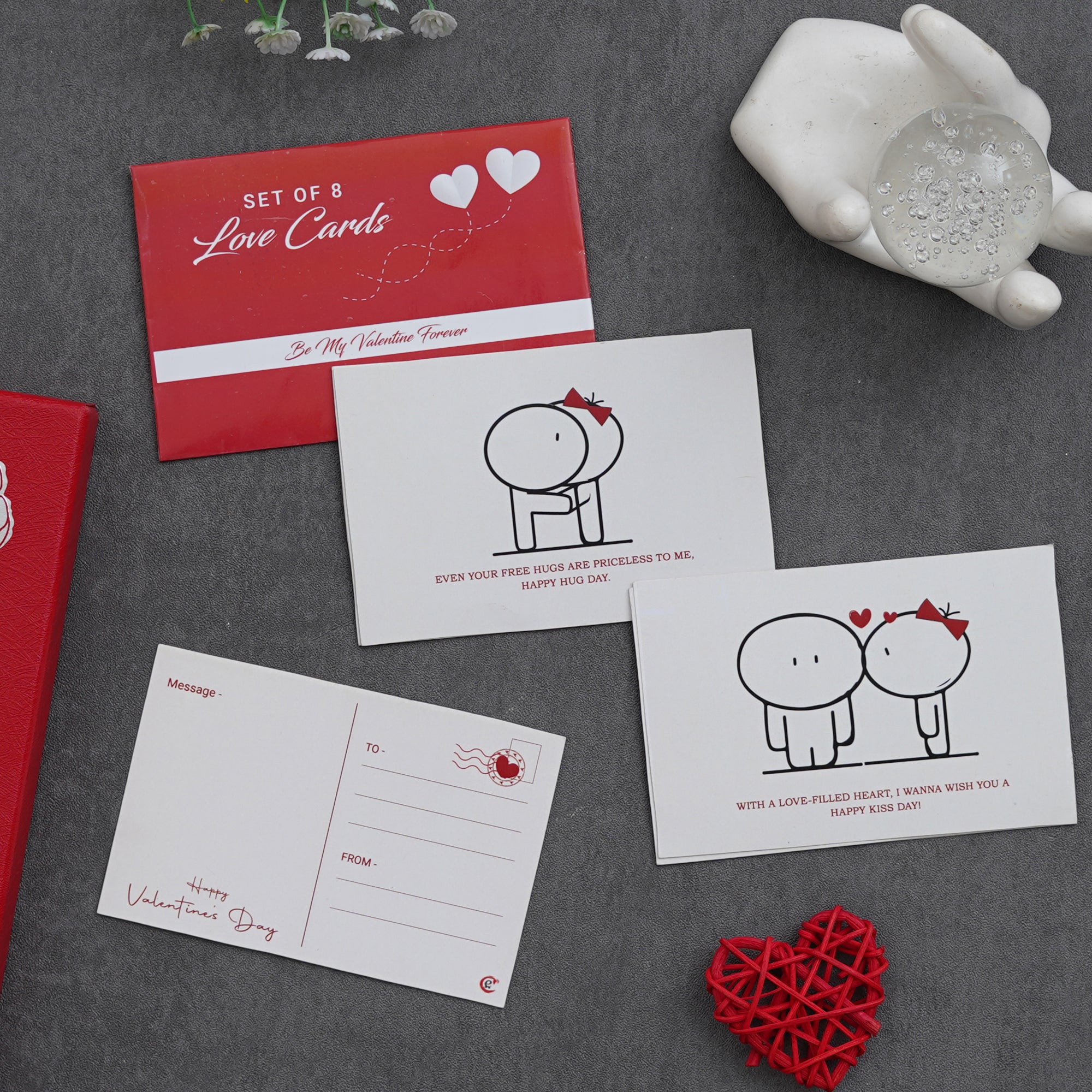 Valentine Combo of Set of 8 Love Post Cards Gift Cards Set, Red Gift Box with Teddy & Roses, "20 Reasons Why I Love You" Printed on Little Hearts Wooden Gift Set 1