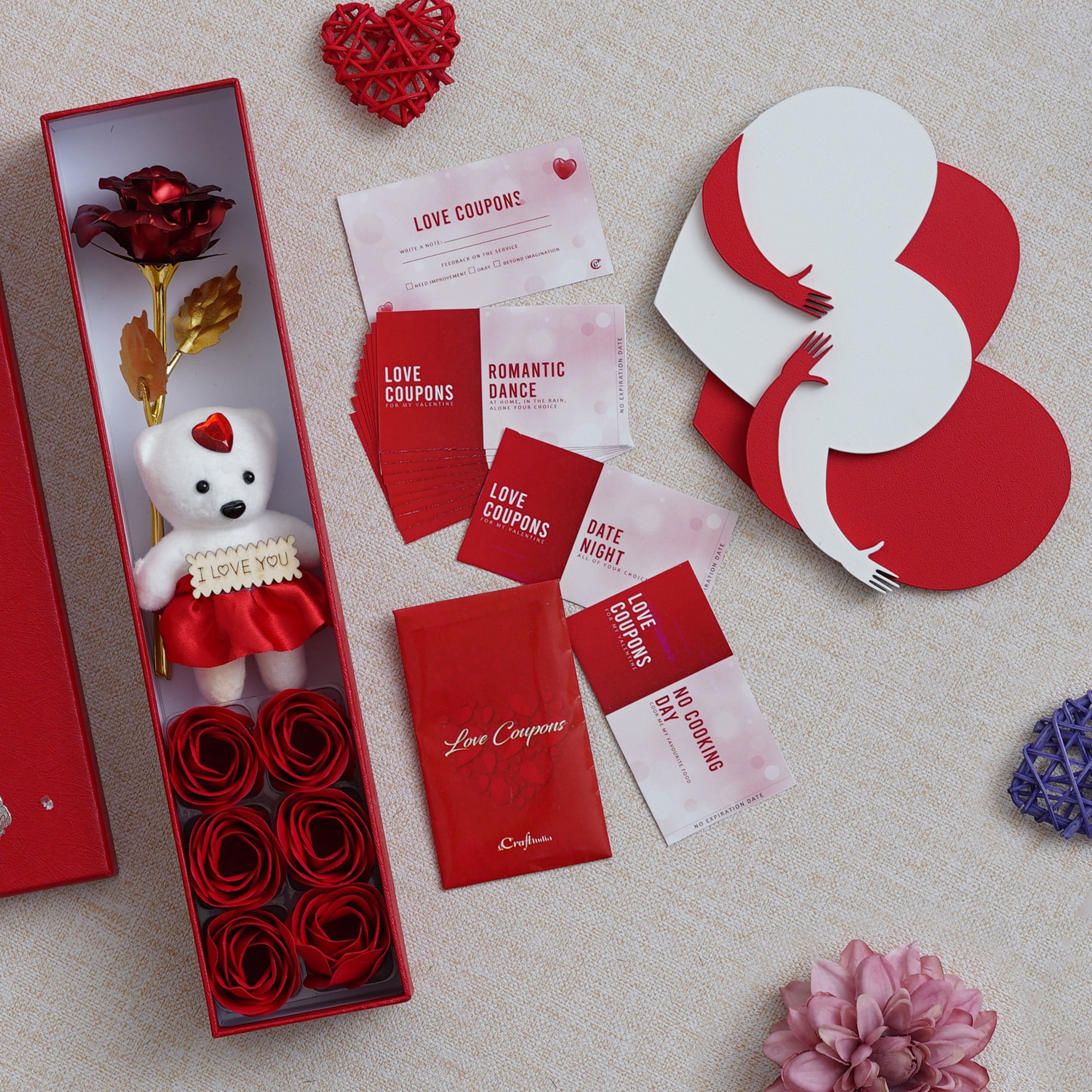 Valentine Combo of Pack of 12 Love Coupons Gift Cards Set, Red Gift Box with Teddy & Roses, Red and White Heart Hugging Each Other Gift Set