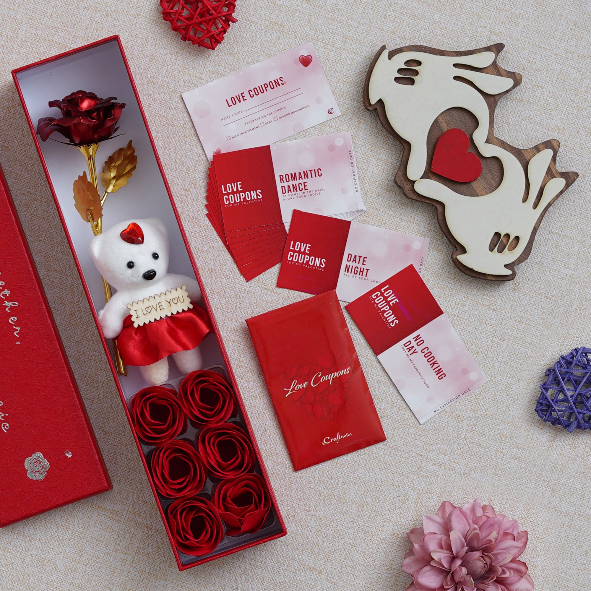 Valentine Combo of Pack of 12 Love Coupons Gift Cards Set, Red Gift Box with Teddy & Roses, Hands Showcasing Red Heart Gift Set