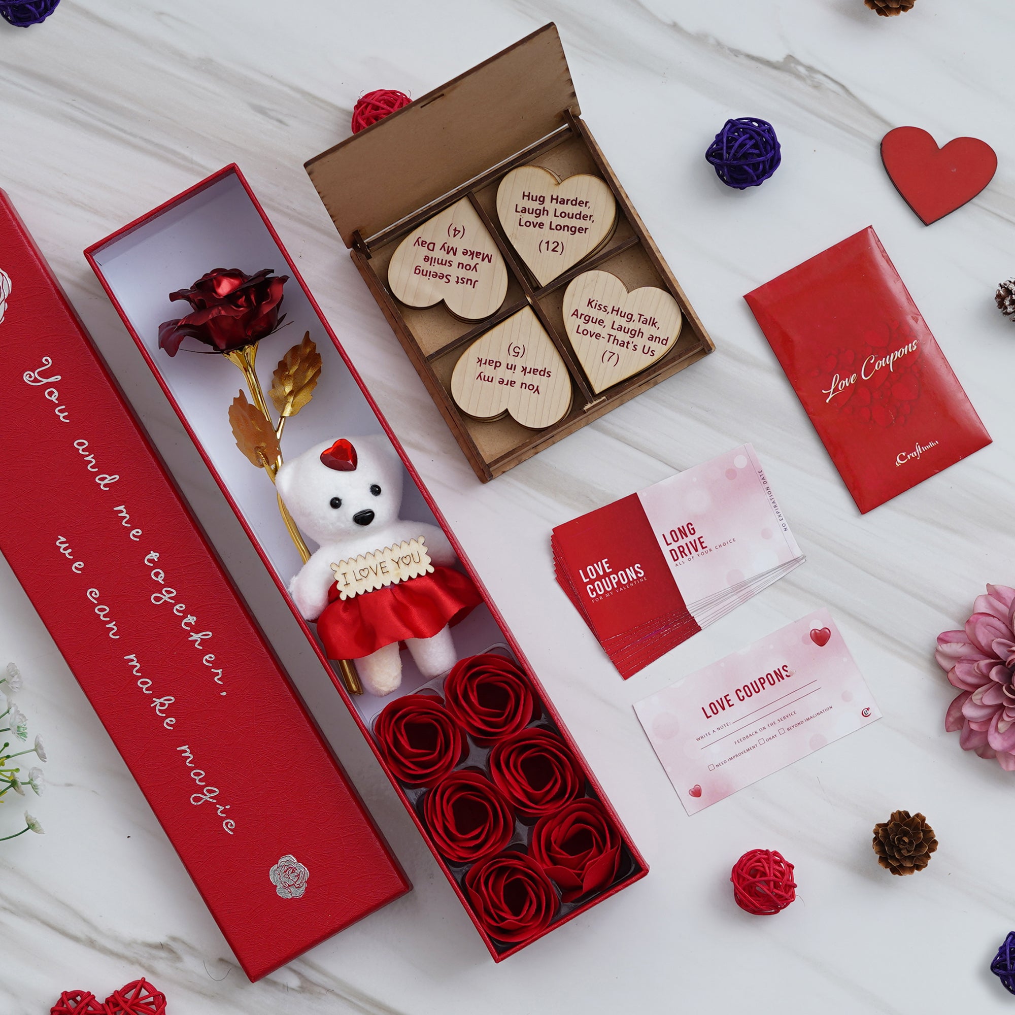 Valentine Combo of Pack of 12 Love Coupons Gift Cards Set, Red Gift Box with Teddy & Roses, "20 Reasons Why I Love You" Printed on Little Hearts Wooden Gift Set