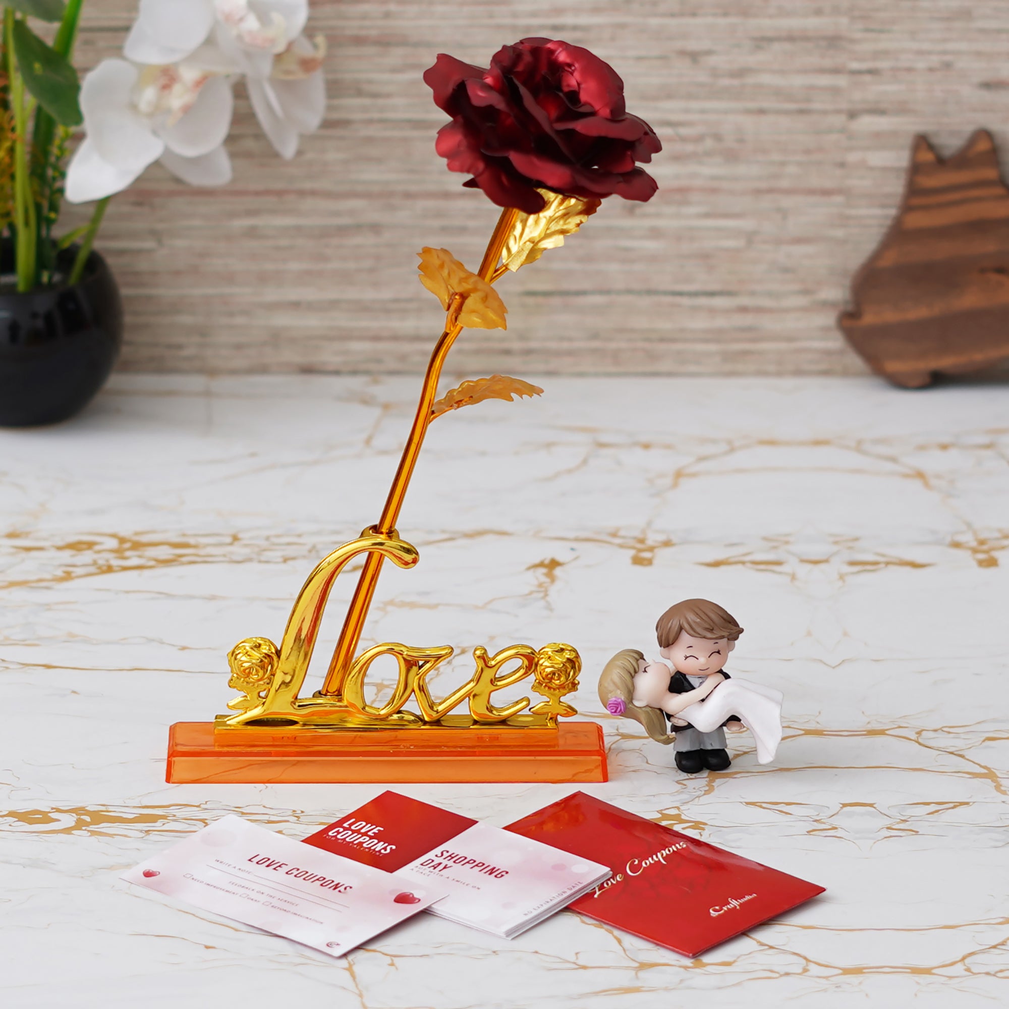 Valentine Combo of Pack of 12 Love Coupons Gift Cards Set, Love Golden Red Rose Table Decor Gift Set Showpiece, Bride Kissing Groom Romantic Polyresin Decorative Showpiece
