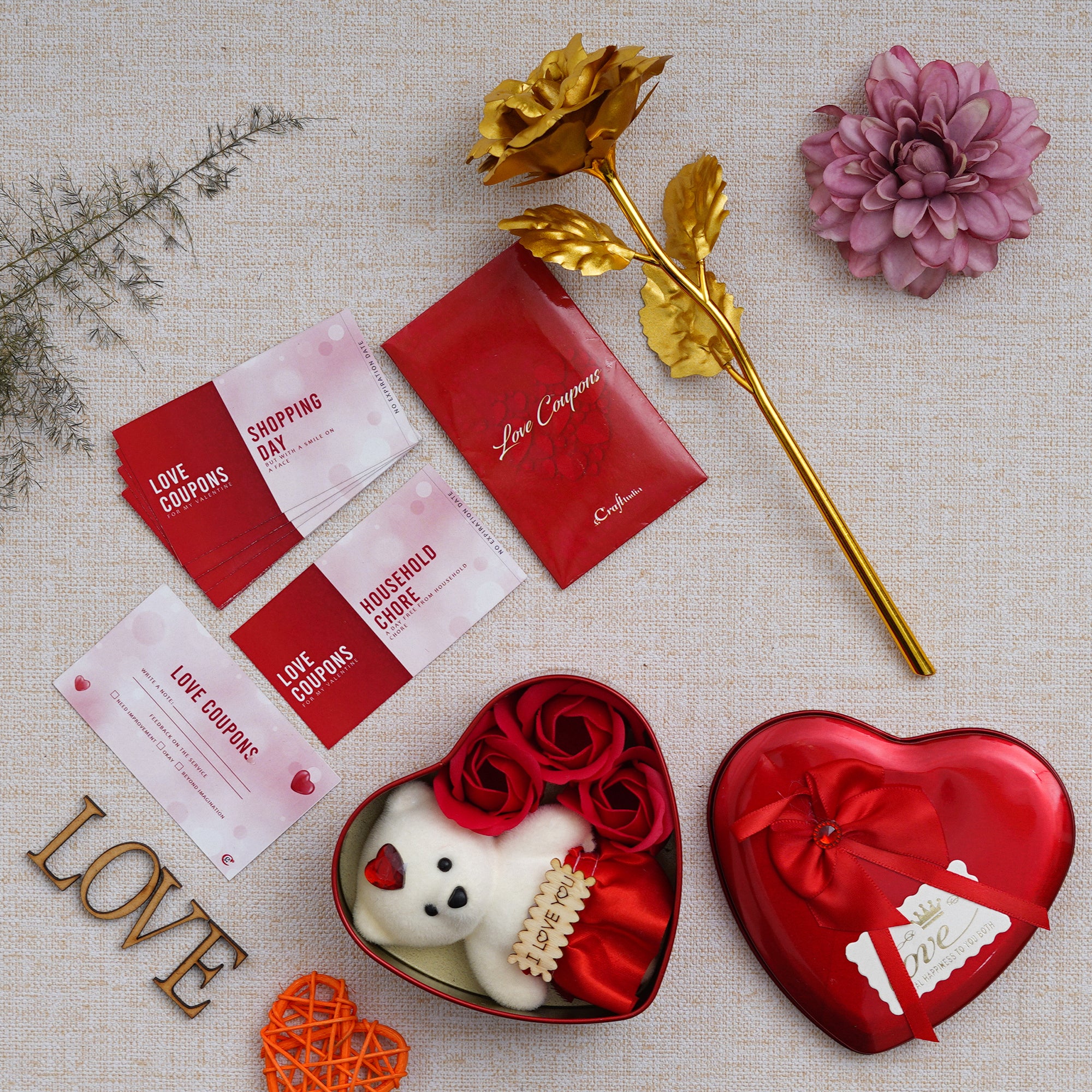 Valentine Combo of Pack of 12 Love Coupons Gift Cards Set, Golden Rose Gift Set, Heart Shaped Gift Box Set with White Teddy and Red Roses